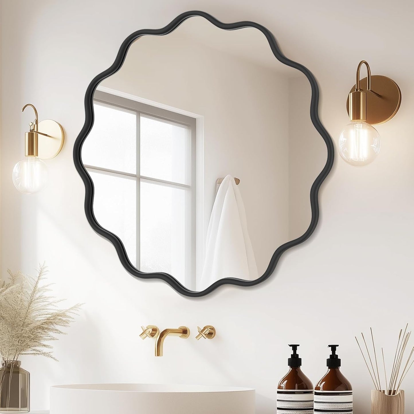 PROHOMEWARE Black Round Mirror 32 Inch Wavy Bathroom Vanity Mirror Black Frame Modern Wall Mirror Decorative Wall-Mounte Anti-Rust, Tempered Glass