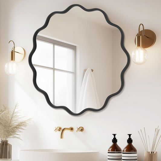 PROHOMEWARE Black Round Mirror 32 Inch Wavy Bathroom Vanity Mirror Black Frame Modern Wall Mirror Decorative Wall-Mounte Anti-Rust, Tempered Glass