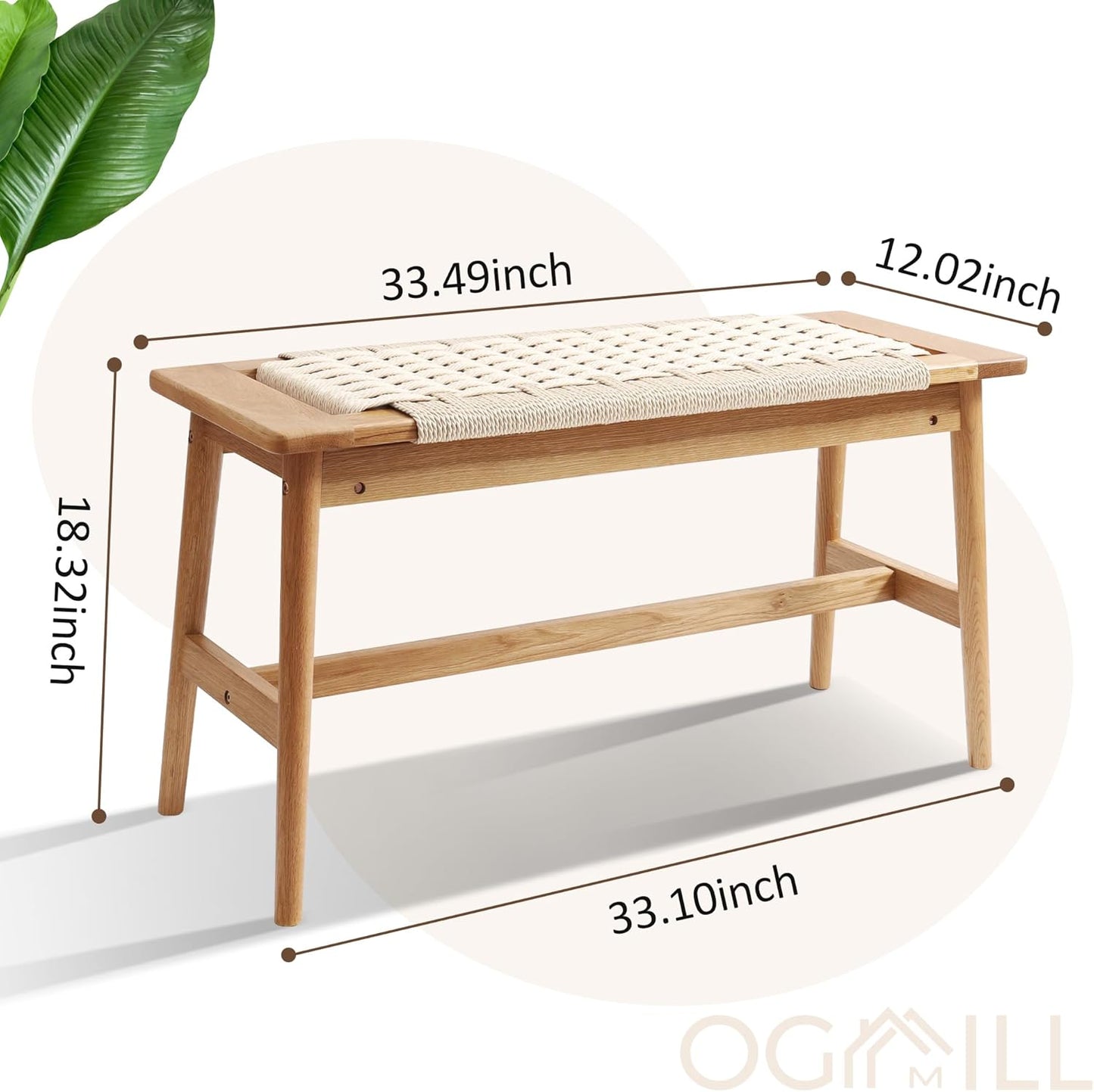 33.5" L Wood Dining Bench Indoor, 100% Natural Solid Oak Bed Bench Hand Woven Enterway Bench Small Bench for Dining Room, Bedroom, Kitchen (Creamy White)