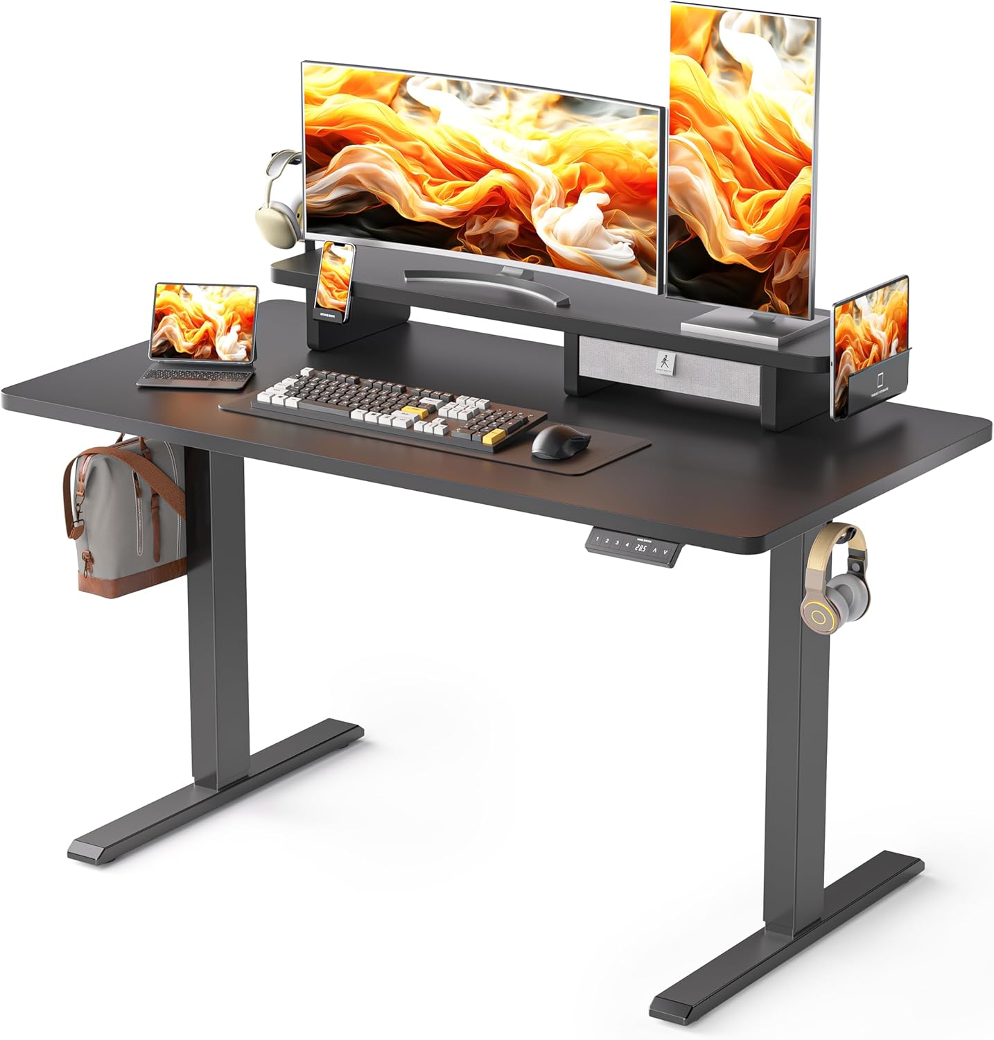 48x24 Inches Electric Standing Desk With Drawer and Monitor Stand, Height Adjustable for Home Office, Ergonomic Sit to Stand With Phone Holder, 3 Hooks, Black