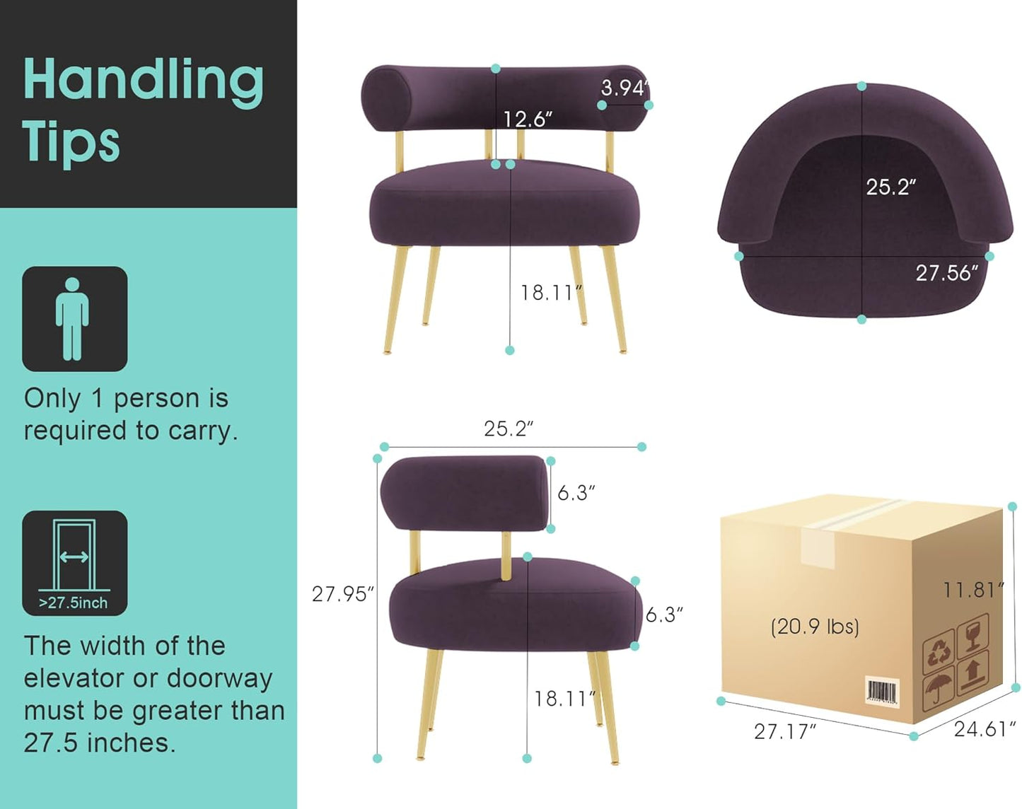 Modern Accent Chair, Round Upholstered Barrel Armchair for Small Spaces, Fluffy Side Corner Sherpa Sofa Chair for Living Room, Bedroom（Purple）