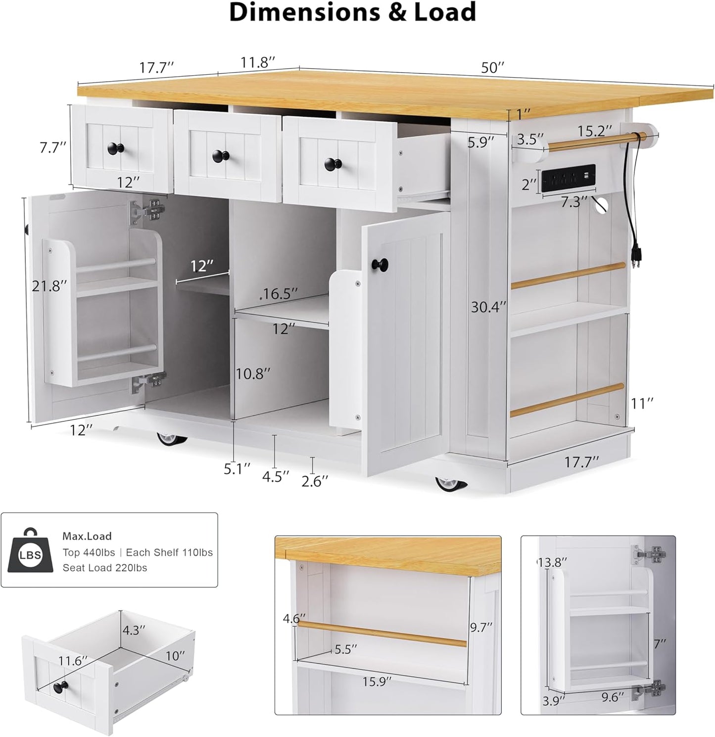 YOTPO 53" Large Kitchen Island with Drop Leaf,Power Outlet & Door Internal Storage Rack,Rolling Kitchen Cart on 5 Wheels W/ 5 Open Side Racks for Kitchen,Dining Room,White(Not Include bar stools)