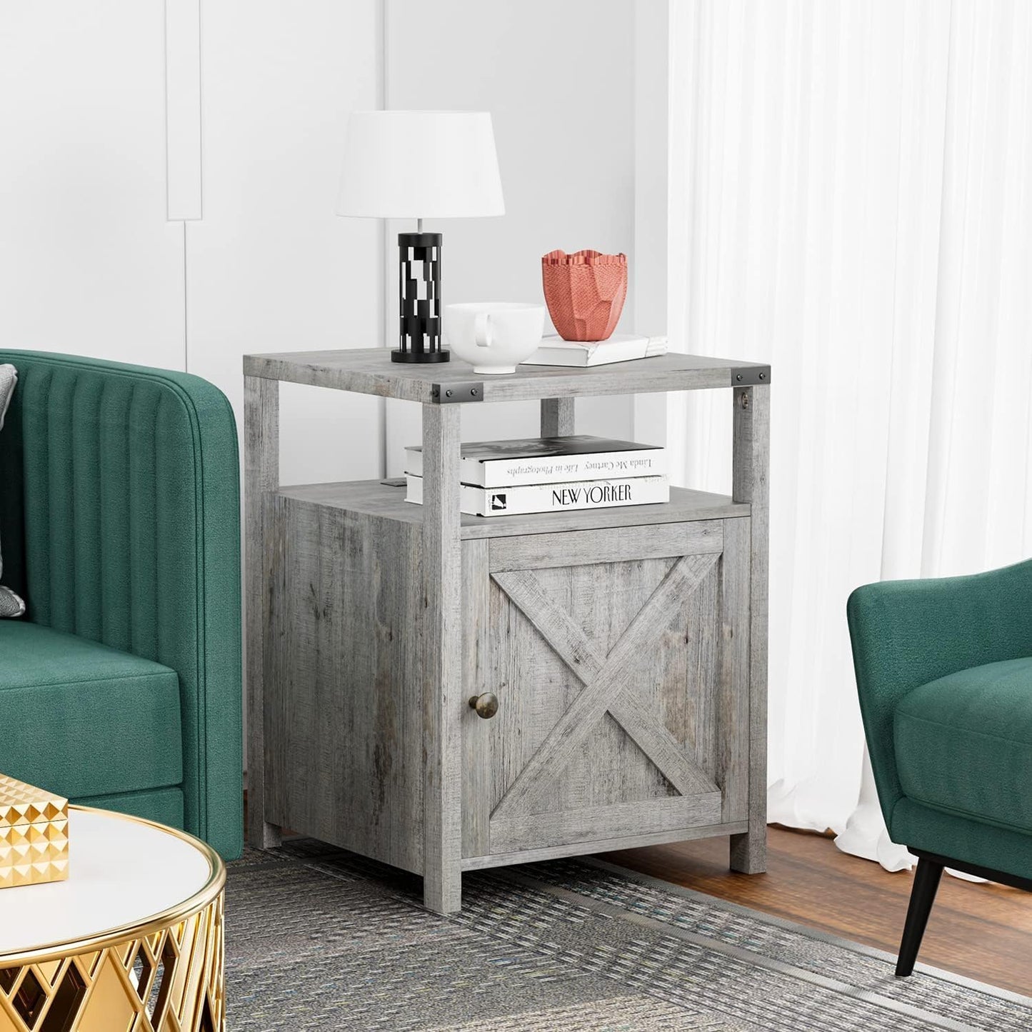 Farmhouse Nightstand Set of 2, Rustic End Table with Storage, Bedroom Night Stand, Industrial Bedside Table with USB Ports and Outlets, 17.7 x 17.7 x 23.6 inches, Grey