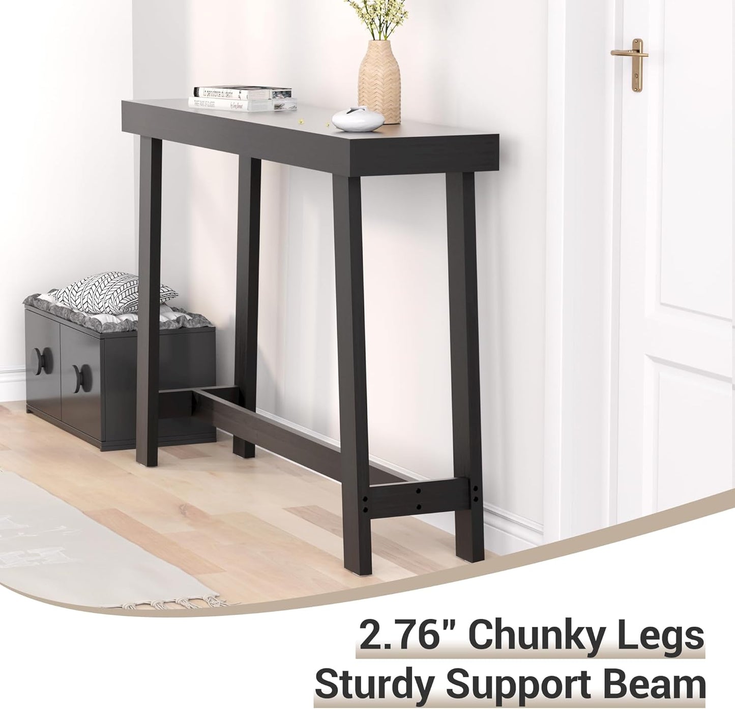 Bamboo Wood Entryway Table 47.2" Console Table, Narrow Sofa Table with Support Beam for Entrance, Hallway, Living Room, Bedroom, Foyer(Black)