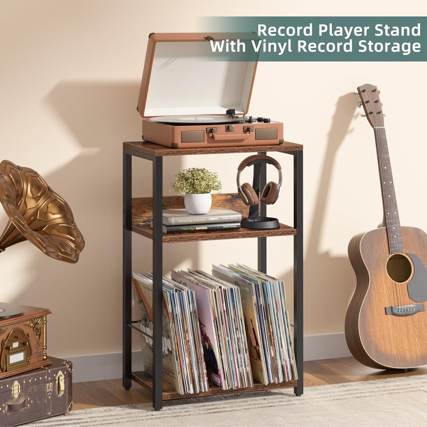 LELELINKY Record Player Stand Set of 2, 3-Tier End Side Table with Vinyl Record Storage, Vinyl Record Holder Up to 120 Albums, Turntable Stand with Vinyls Storage for Music Living Room