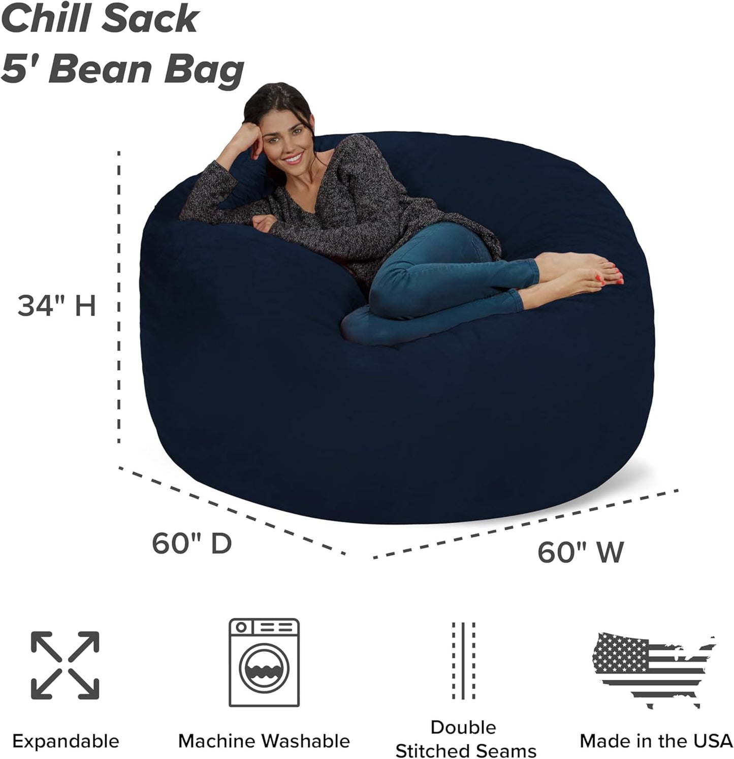Chill Sack Bean Bag Chair - 5' Giant Memory Foam Lounge Chair with Soft Microfiber Cover – Cozy Furniture for Living Room, Dorm, & Kids' Rooms – Comfortable 5 Ft, Microsuede Lounge Sofa, Navy
