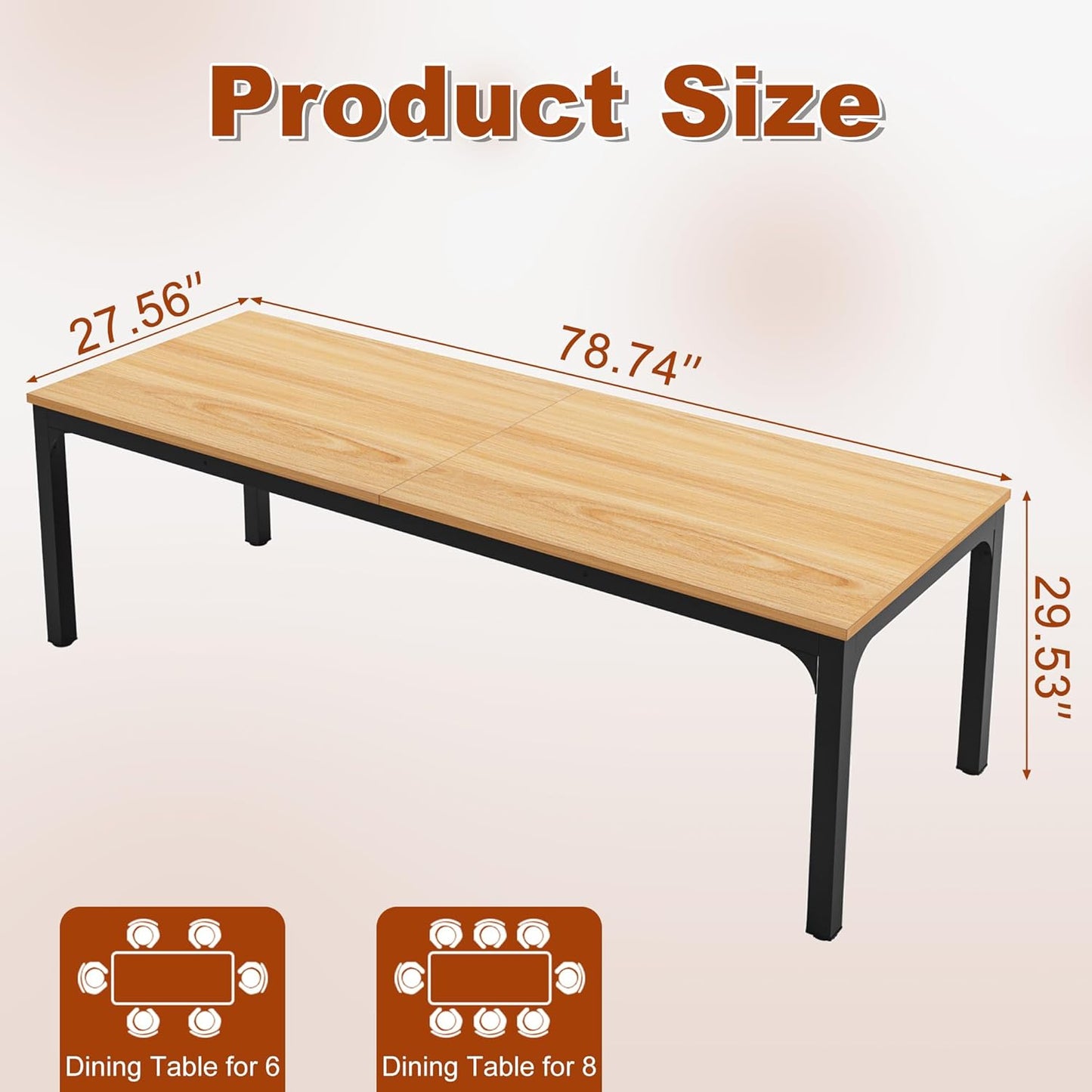 Rectangular Dining Table for 6-8, 78-Inch Modern Dinner Table Wooden Kitchen Tables with Metal Frame for Dining Room, Kitchen, Living Room, Light Walnut