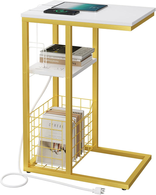 Vagusicc C Shaped End Table with Charging Station, Side Table for Couch, Small Side End Table for Small Spaces, 28" High Slide Under Sofa Table for Coffee, Tv Tray Table for Living Room, Golden