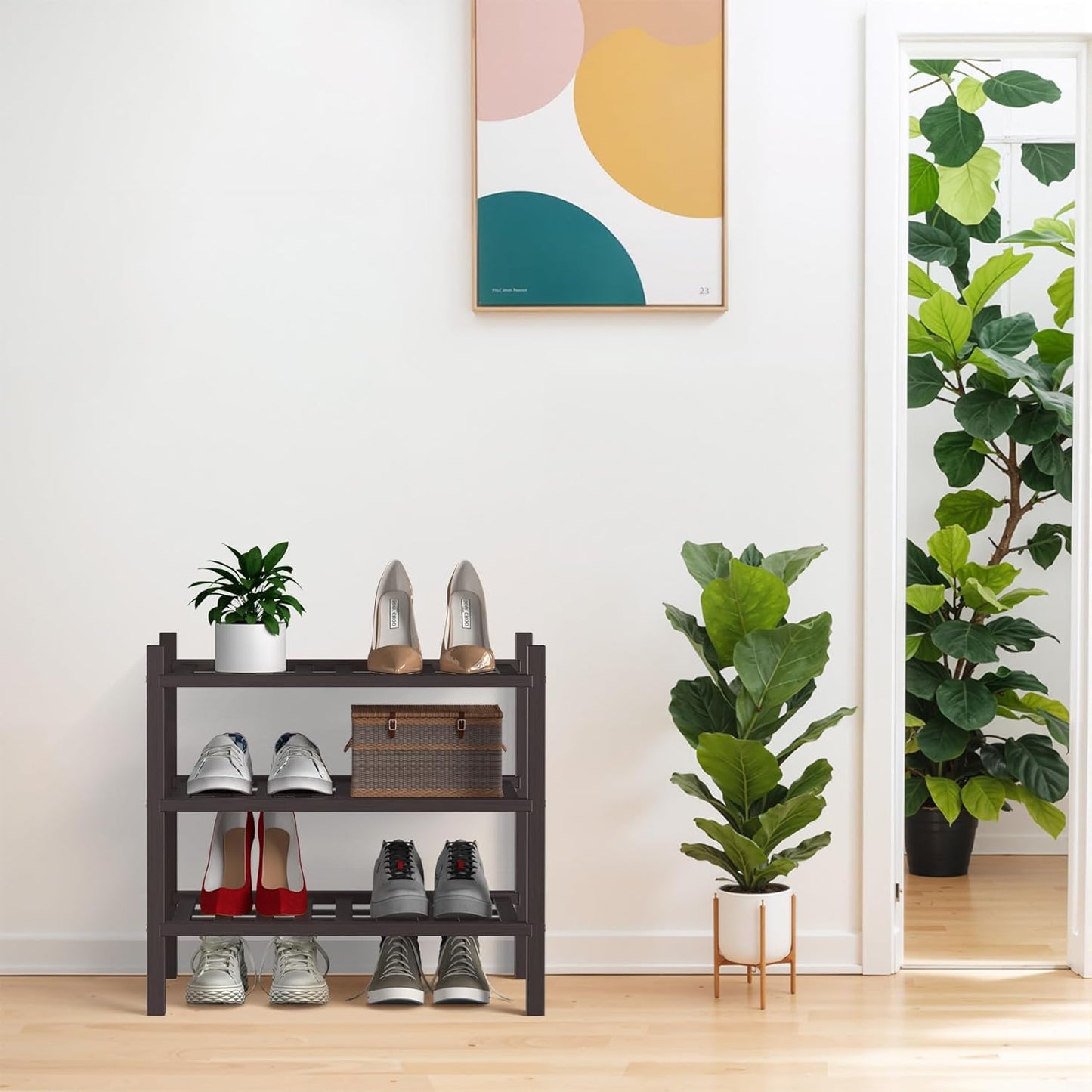 Haddockway small 3 Tier Bamboo Shoe Rack Storage Organizer, Multifunctional Free Standing Stackable Shoe Shelf with Grid Panel for Closet,Hallway,Entryway,Small Space 18"x11"x17"(Brown, 3-Tier(Small))