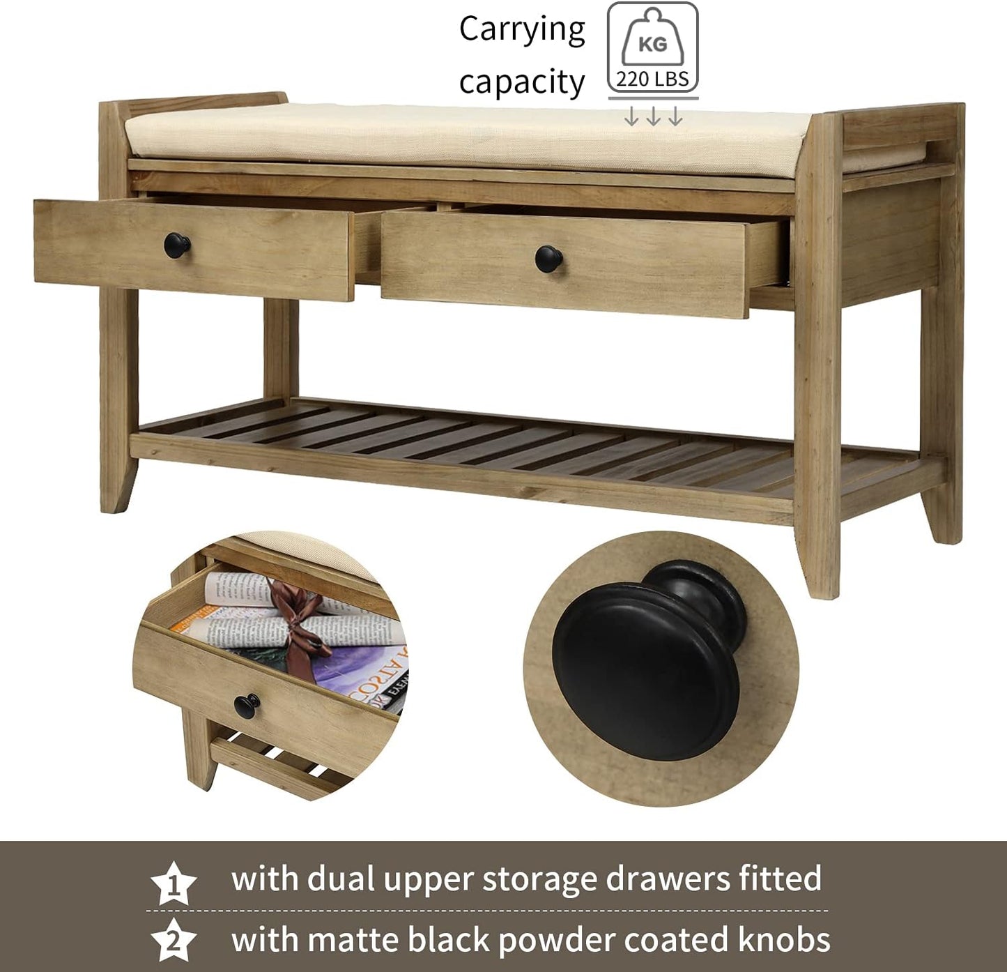 39″ Storage Bench with Cushioned Seat and Drawers,Multipurpose Wooden Entryway Ottoman,Hidden Compartment Organizing Shoe Rack,for Bedroom Hallway Porch,Gray