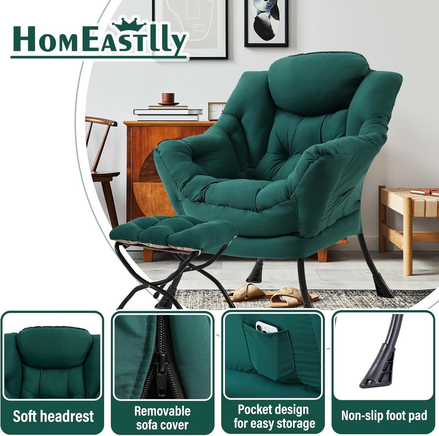 Lazy Chair with Ottoman, Large Modern Lounge Accent Chair with Armrests and Footrest, Reading Armchair with Ottoman, Leisure Sofa Chair for Living Room, Bedroom, Dorm Room(Dark Green