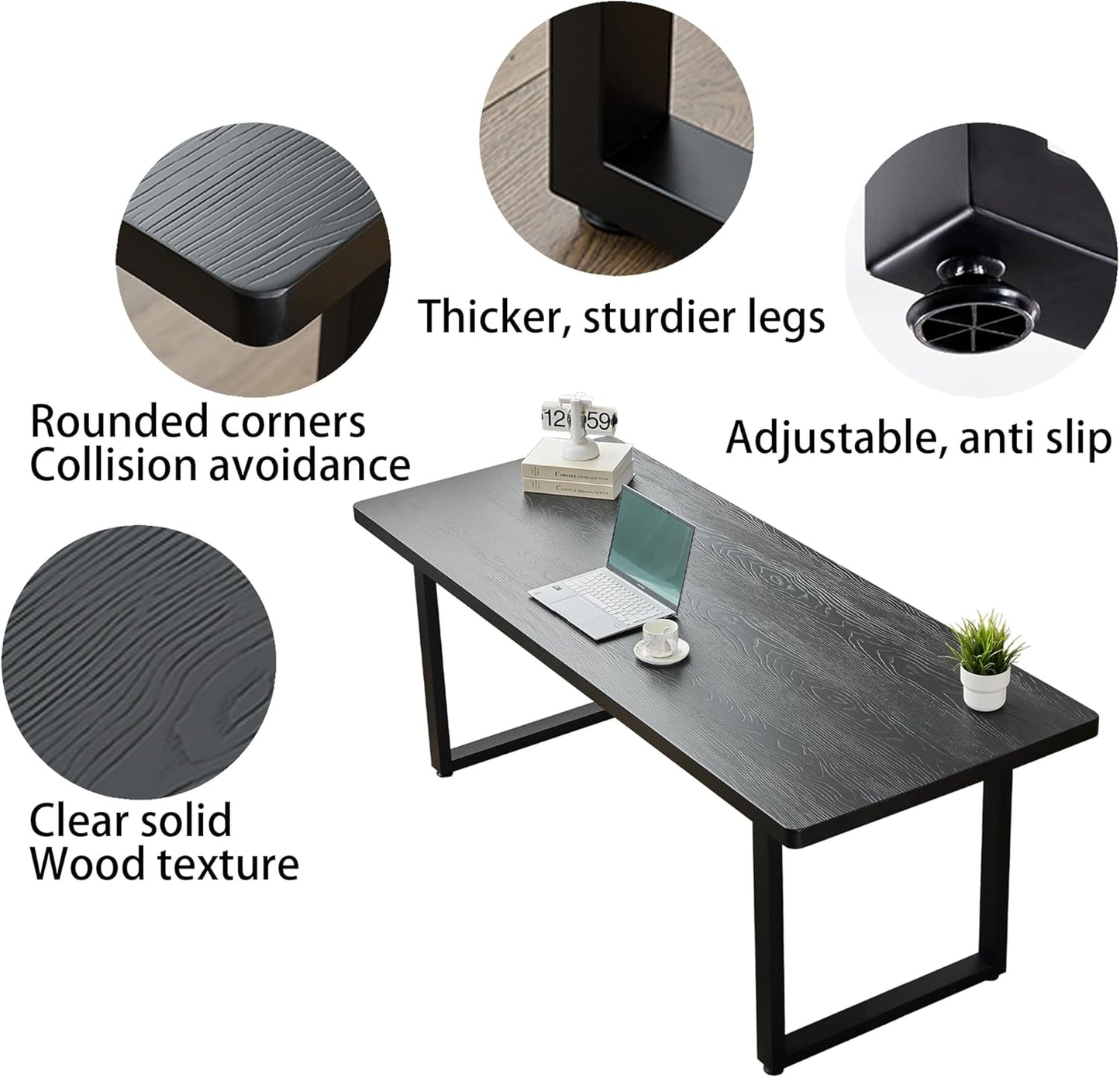 Modern Solid Wood Dining Table with Metal Base Stylish Durable Dining Room Table in Black Multiple Sizes Home Use Office Desk(70.87in)