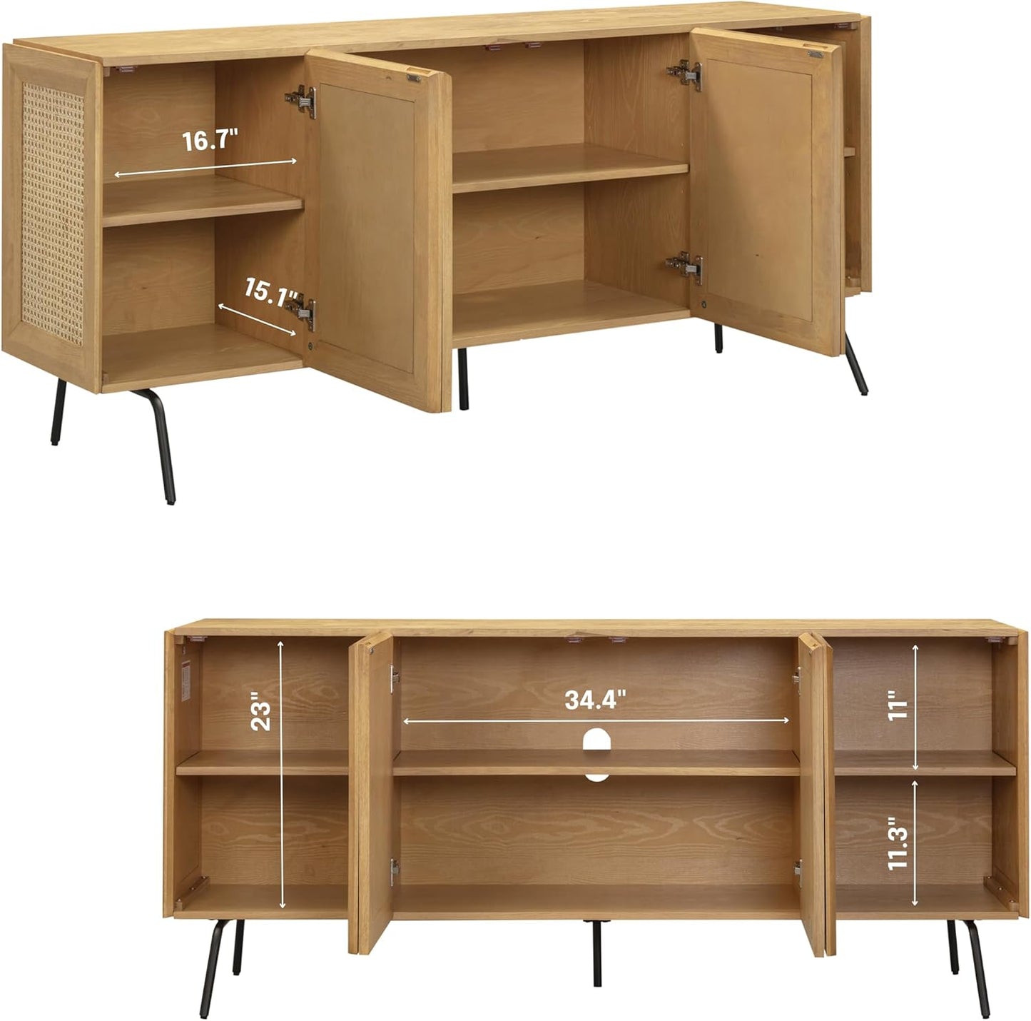 NTC MOSSIC Modern Sideboard with 4 Doors, Natural Rattan Storage Cabinet, Buffet with Metal Legs, Boho Accent Cabinet for Living Room, and Entryway, Effortless Assembly, Sand