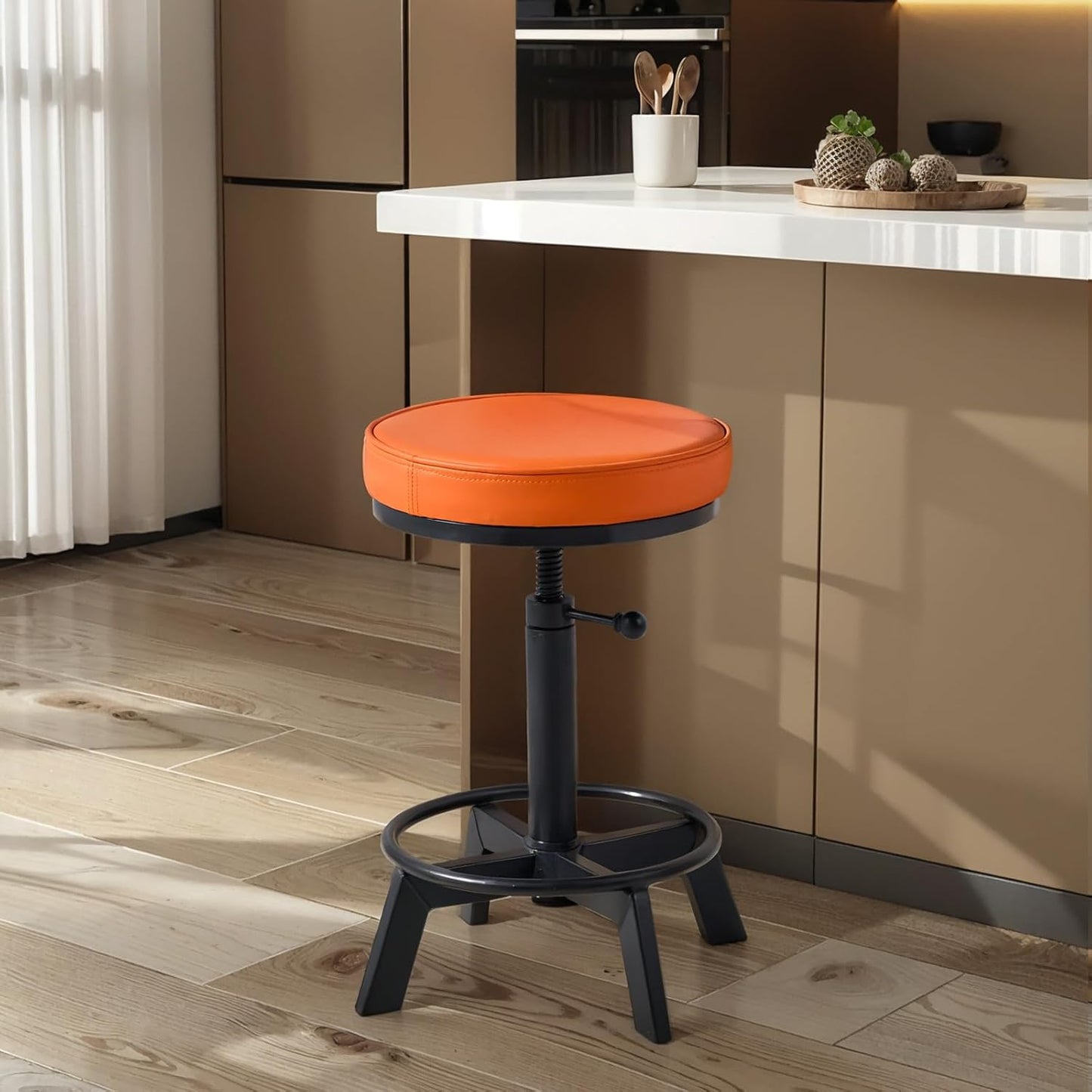 Vintage Short Bar Stools Industrial Swivel Counter Stools 17-24inch Height Adjustable Rustic Leather PU Seat Chairs for Kitchen Island Extra Seat Beside Sofa (Bright Orange)