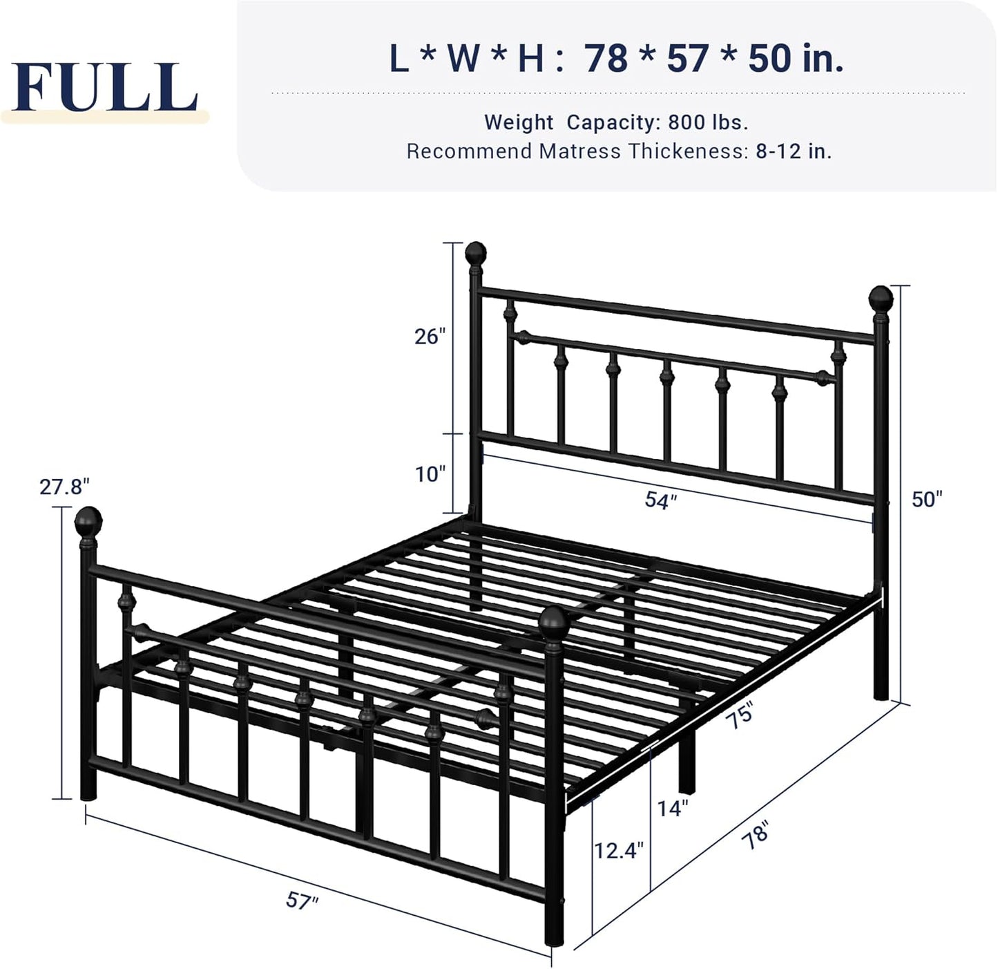 Allewie 14 Inch Full Size Metal Platform Bed Frame with Victorian Vintage Headboard and Footboard/Mattress Foundation/Under Bed Storage/No Box Spring Needed/Easy Assembly/Noise Free/Black