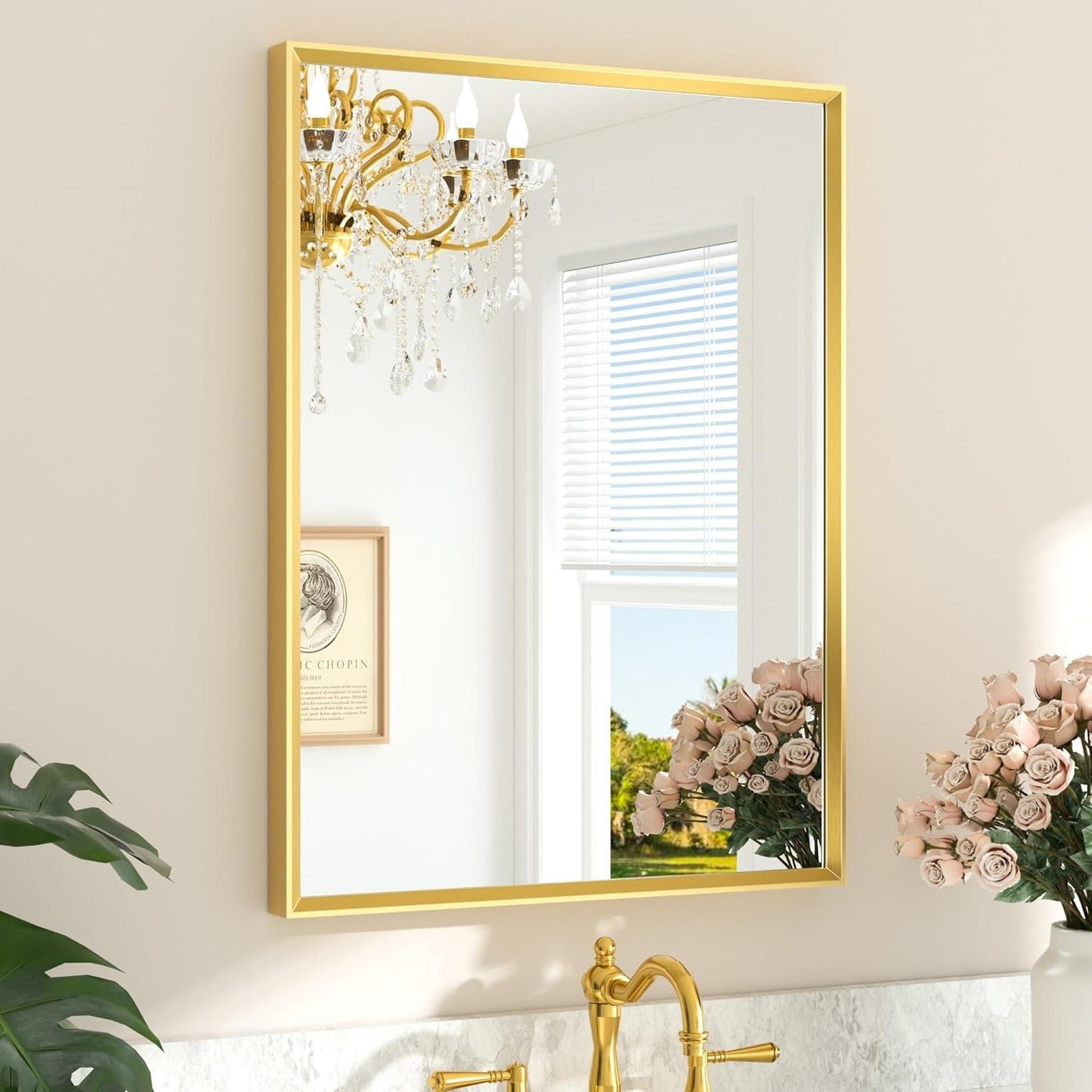 TETOTE Brushed Gold Mirror for Bathroom Sink 24" x 32" Beveled Frame Brushed Gold Brass Vanity Rectangle Mirror for Bathroom Wall, Modern Farmhouse, Tempered Glass, Stronger Frame