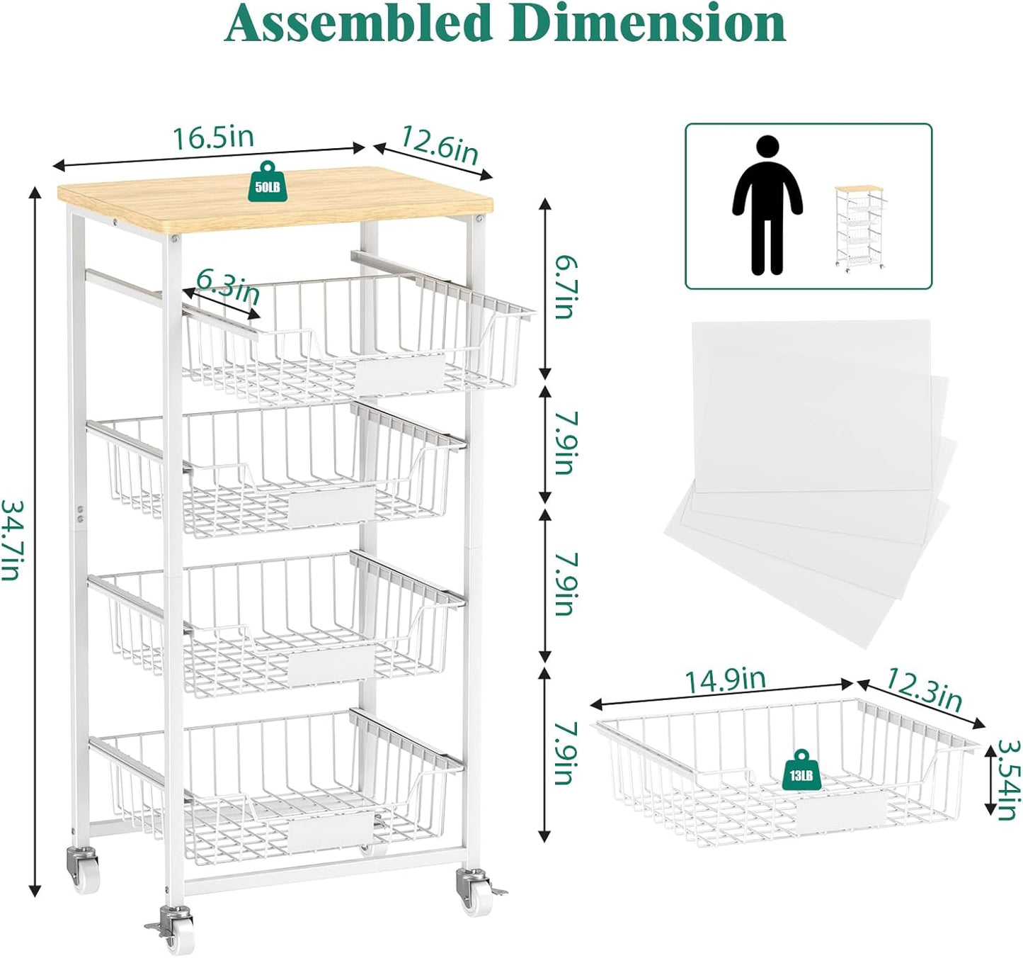 Fruit Vegetable Basket for Kitchen Pantry Storage Organizer, 5-Tier Metal Utility Kitchen Rolling Cart on Wheels with Drawer Rack and Wood Top for Potatoes Onions