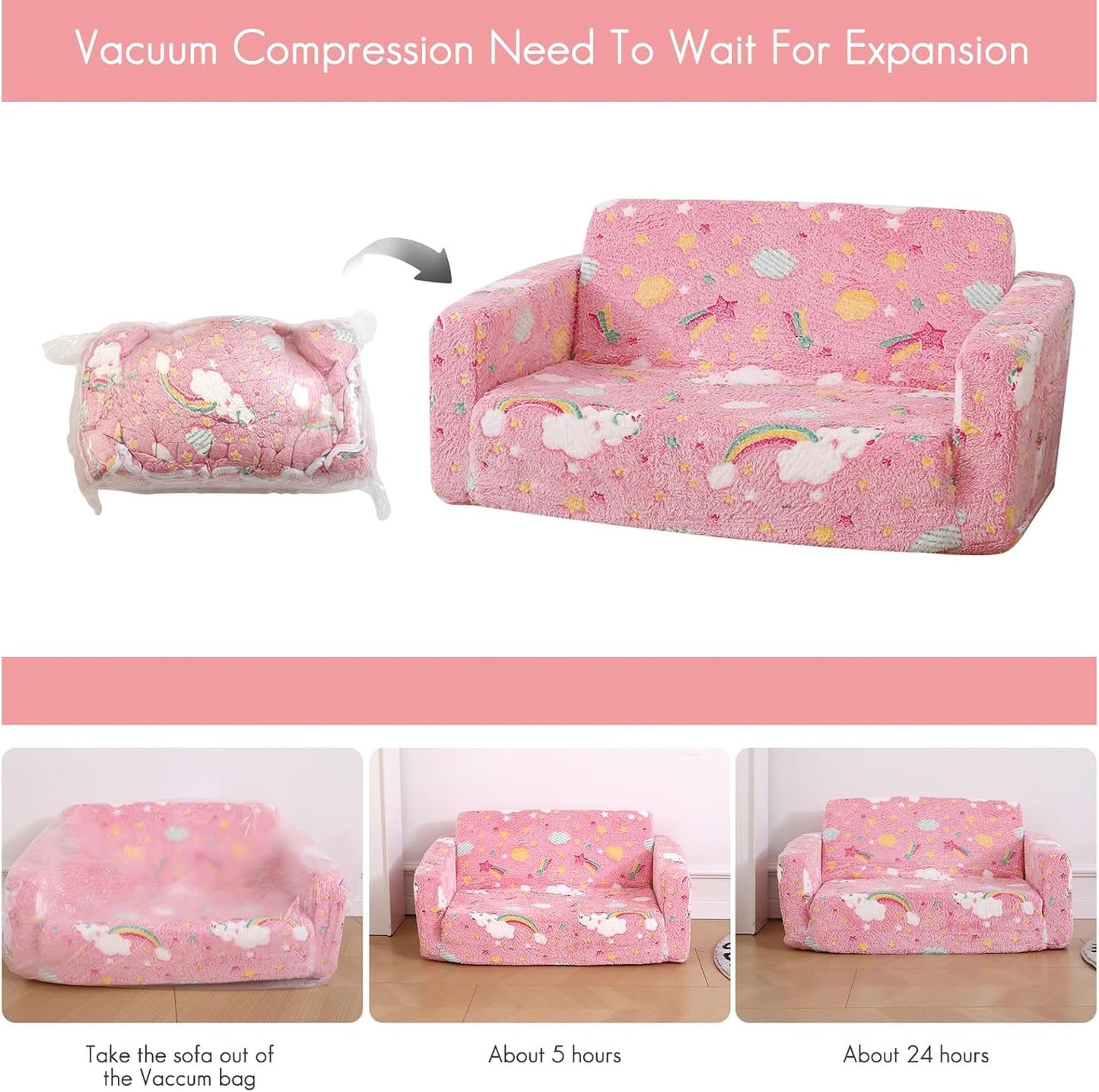 Foldable Kids Sofa Extra Wide for 2 Seats, Soft Kids Fold Out Couch Glow in The Dark,Convertible Sofa to Lounger Toddler Sofa Chair(Rainbow)