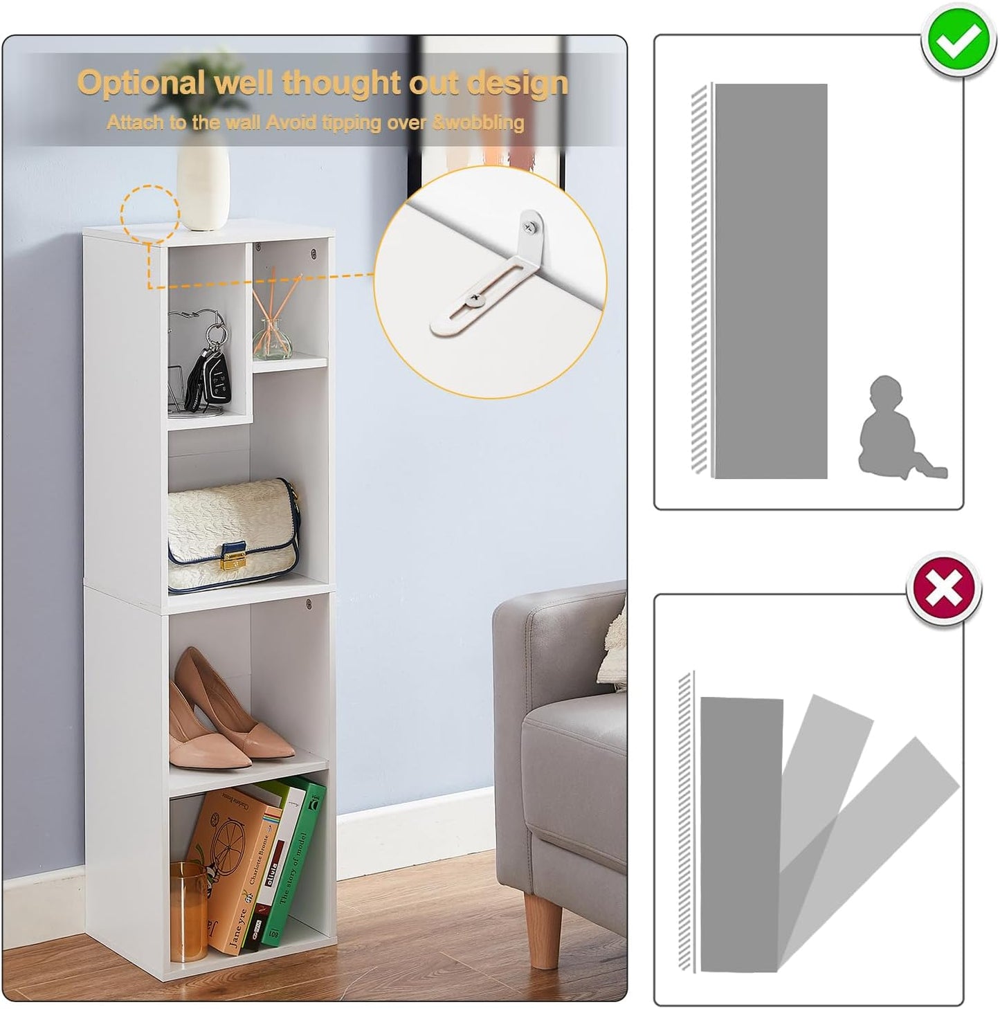 VECELO 4-Tier Bookcase, Modern Storage Cabinet with Height Difference Shelves for Standard Textbooks, 5 Cubes, Vertical or Horizontal, Easy Assembly, Pearl White