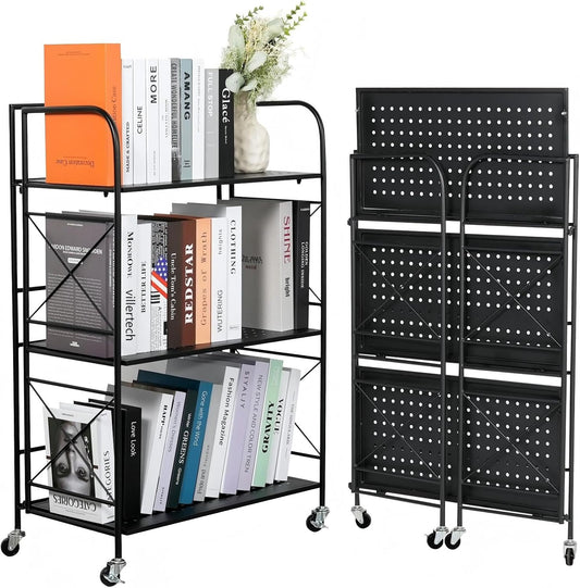 Foldable 3-Tier Metal Shelf with Wheels - Folding Bookshelf Unit for Living Room, Kitchen, Study 12.6" D x 23.6" W x 33.8" H, Matte Black