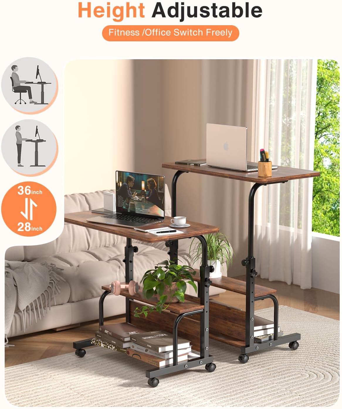 Portable Rolling Desk on Wheels Adjustable Height Desks for Small Spaces, 32" Computer Desk with Storage Shelves for Home Office Rustic