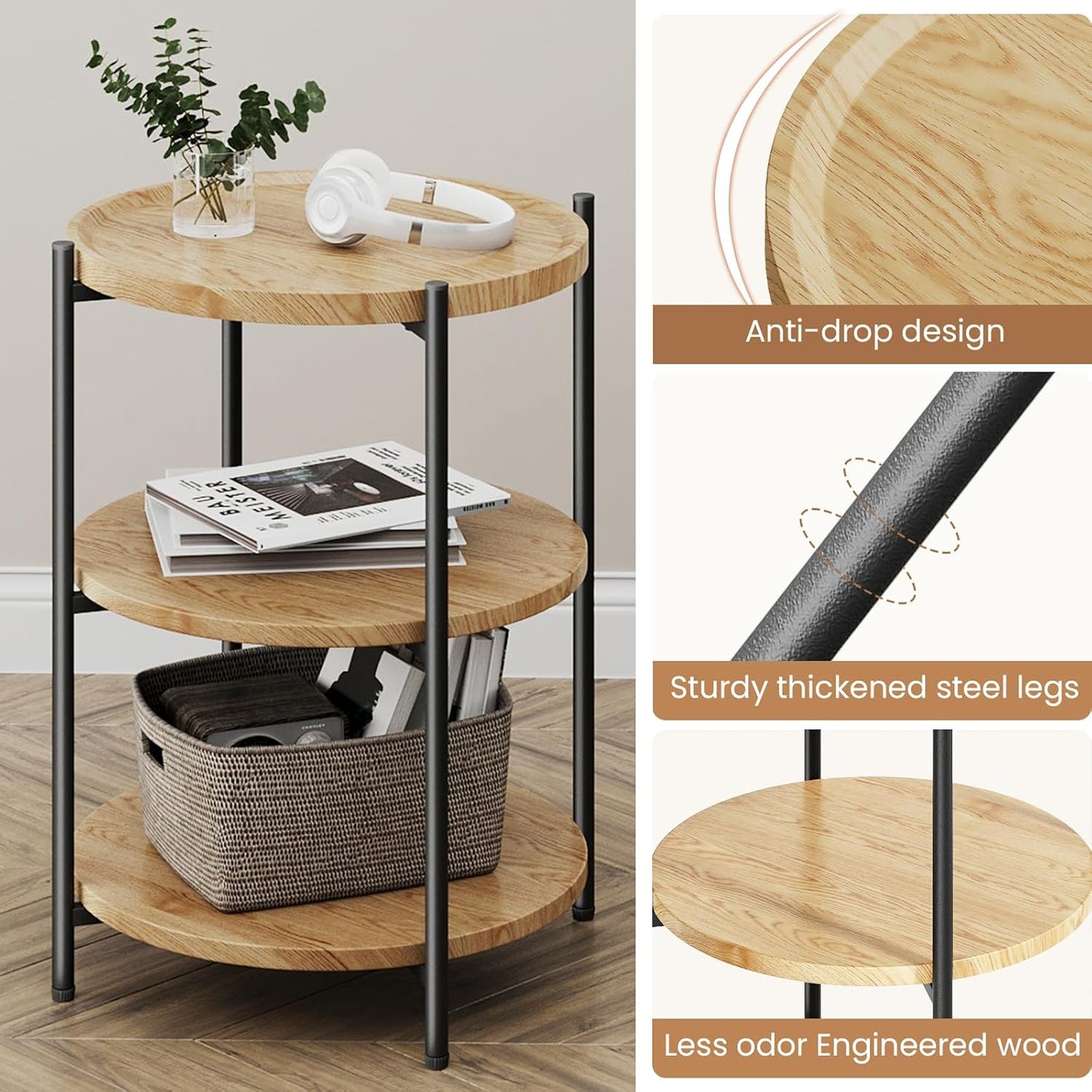 Small Side Table, 3-Tier Side Tables Living Room, Modern End Table Nightstand Bedside Table for Living Room, Bedroom, or Small Spaces-Natural Wood Color