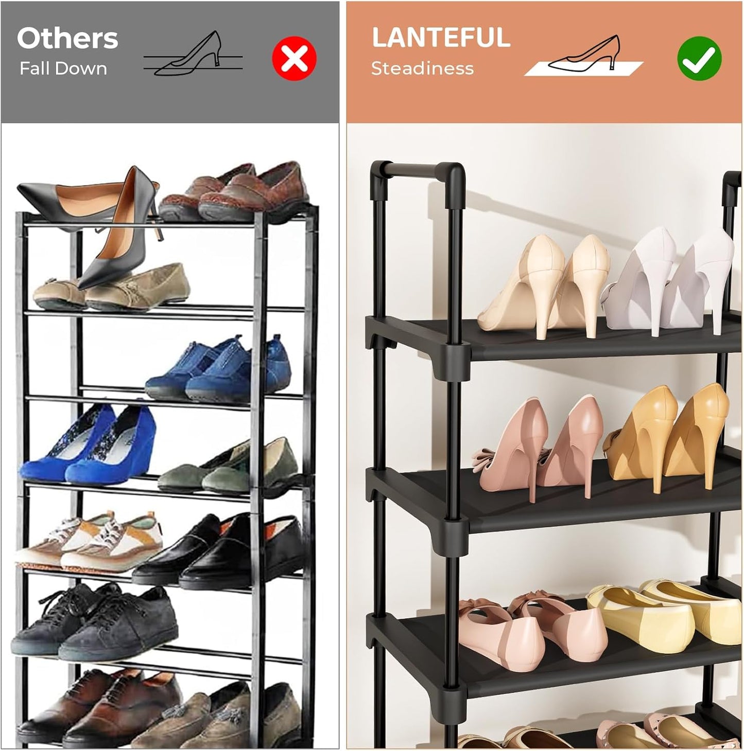 Tall Shoe Rack 8 Tiers, 16-20 Pairs Shoe and Boots Organizer Storage Sturdy Shoe Shelf, Narrow Vertical Shoe Rack for Entryway, Closet, Metal Shoe Organizer with 5 Hooks