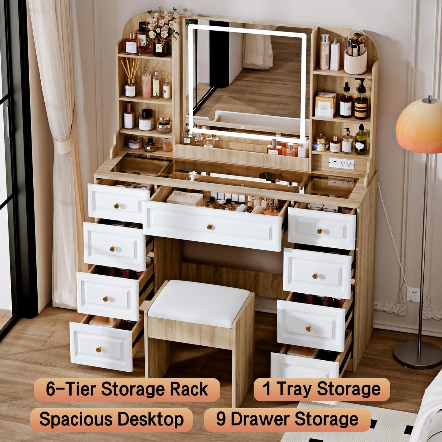 43" Makeup Vanity Desk with Mirror and Lights, & Power Outl, Glass Top Big Vanity Table with 9 Drawers& 8 Storage Shelves, Dressing Table Set with Chair for Bedroom, White+Oak