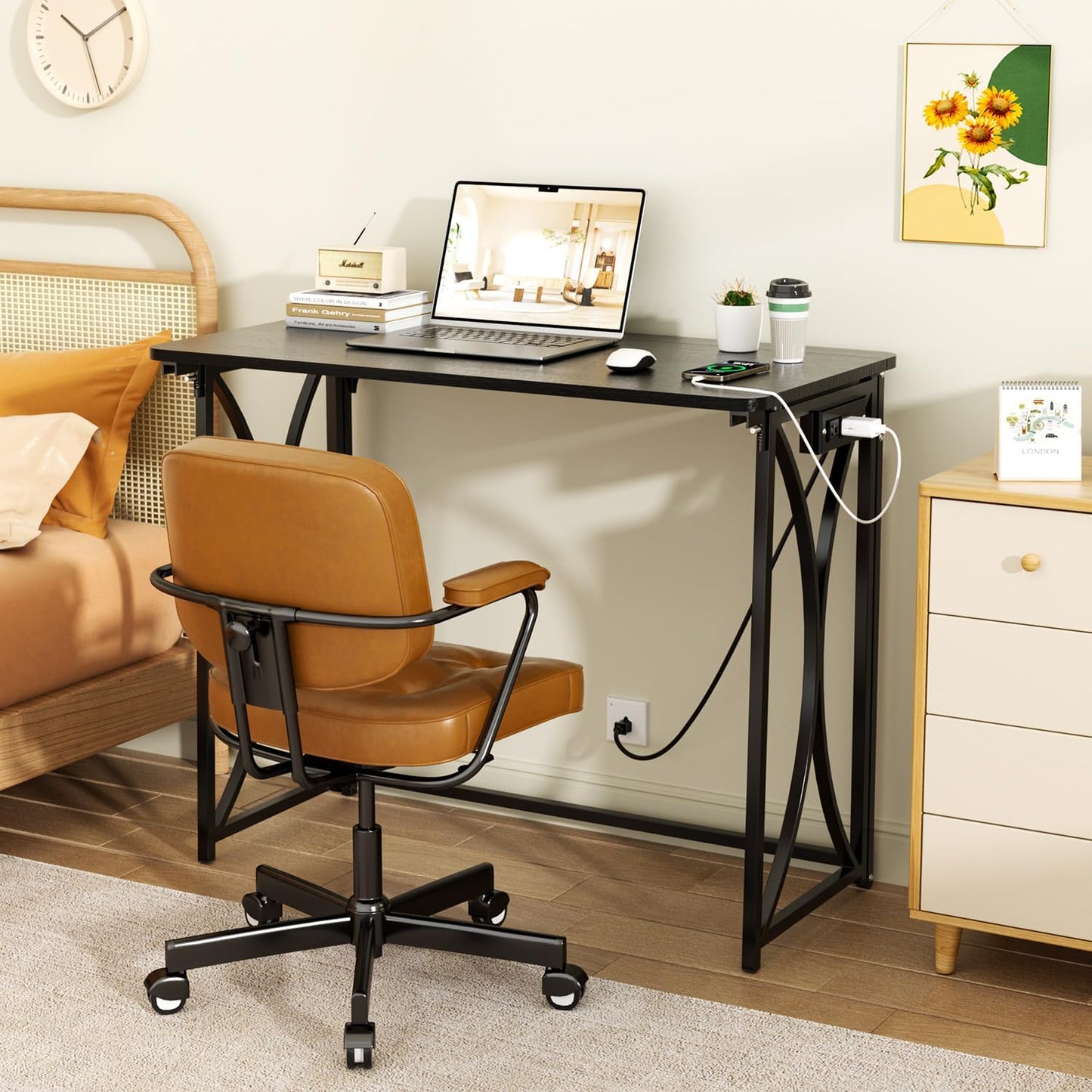 Folding Desk, 31.5" Small Desk for Bedroom with Power Outlet, Space Saving Foldable Computer Desk for Home Office, Easy Assembly, Black