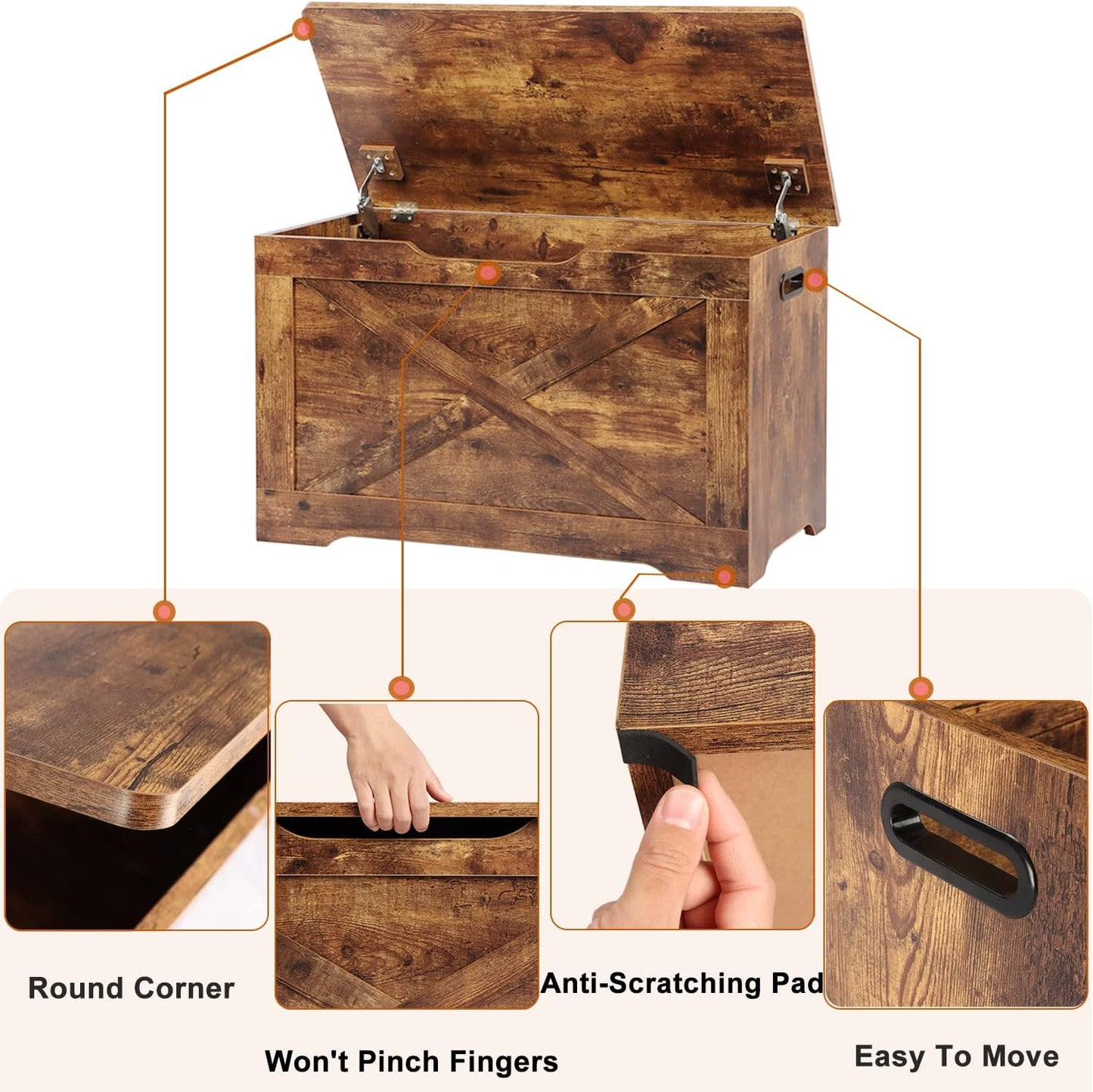 Storage Chest, Wooden Storage Bench, Entryway Shoes Bench with 2 Safety Hinges, Retro Storage Trunk for Living Room, Bedroom, 15.7 x 31.5 x 18.9 Inches, Rustic Brown