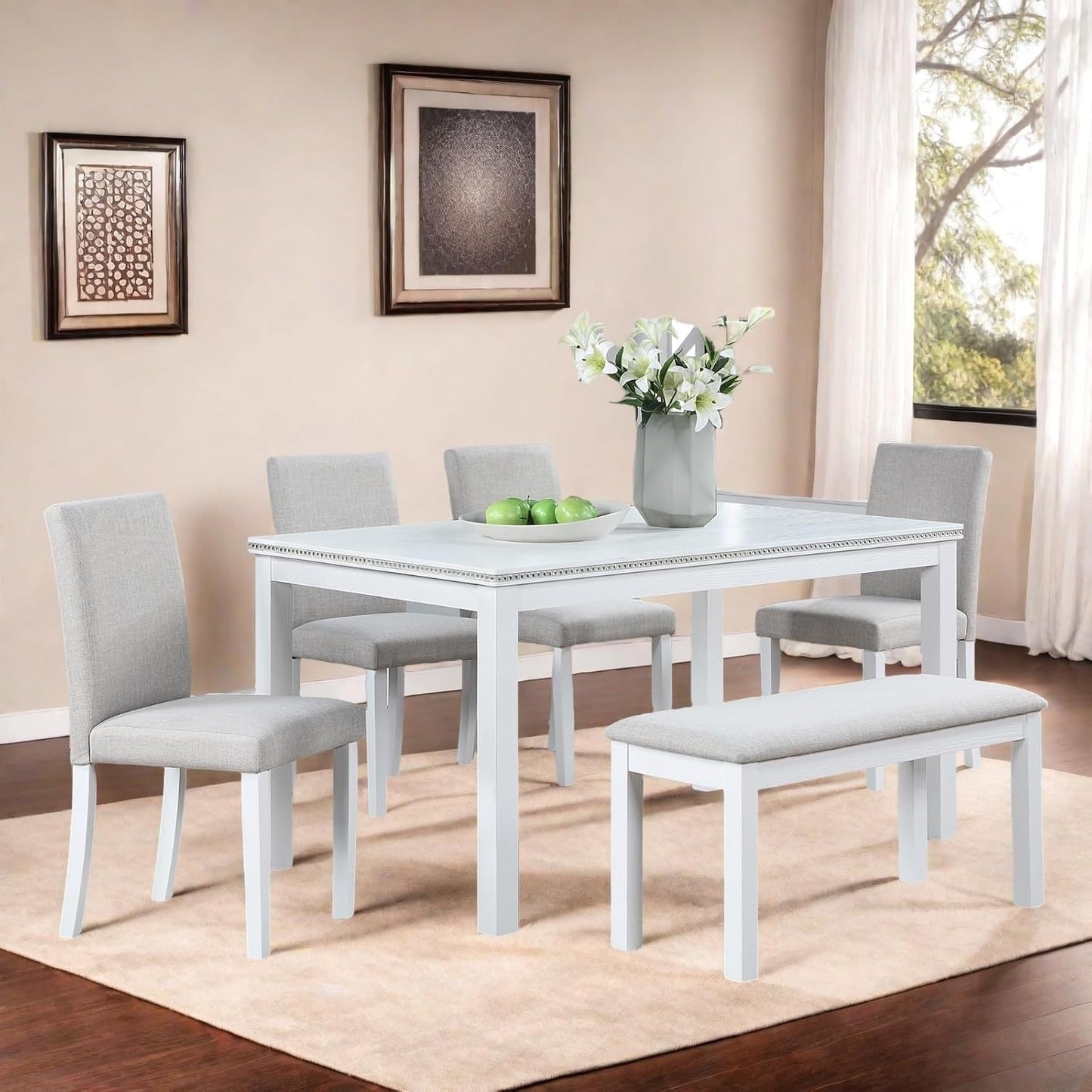 Dining Table Set for 5, 6 Piece Dining Room Table Set with Rectangular Crystal Decoration Table, 4 Upholstered Backrest Chairs and Bench, Counter Height Kitchen Sets with MDF Tabletop, White
