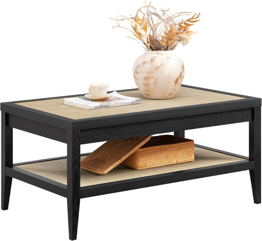 SICOTAS Rectangle Coffee Table for Living Room, Farmhouse Boho Center Table with 2-Tier Rattan Storage Shelves, Sofa Side Accent Table for Small Space, Black Oak