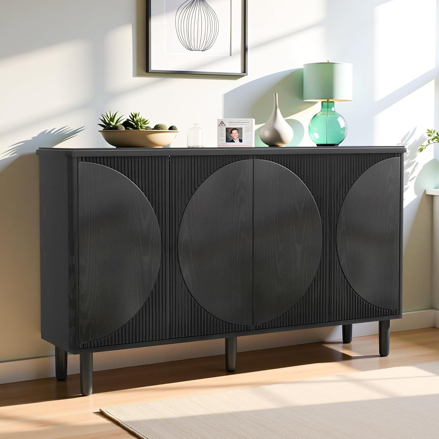 59.4" Sideboard Buffet Cabinet with Storage, Kitchen Buffet Storage Cabinet with Doors & Shelves, Modern Sideboard for Living Room, Kitchen, Hallway, Black