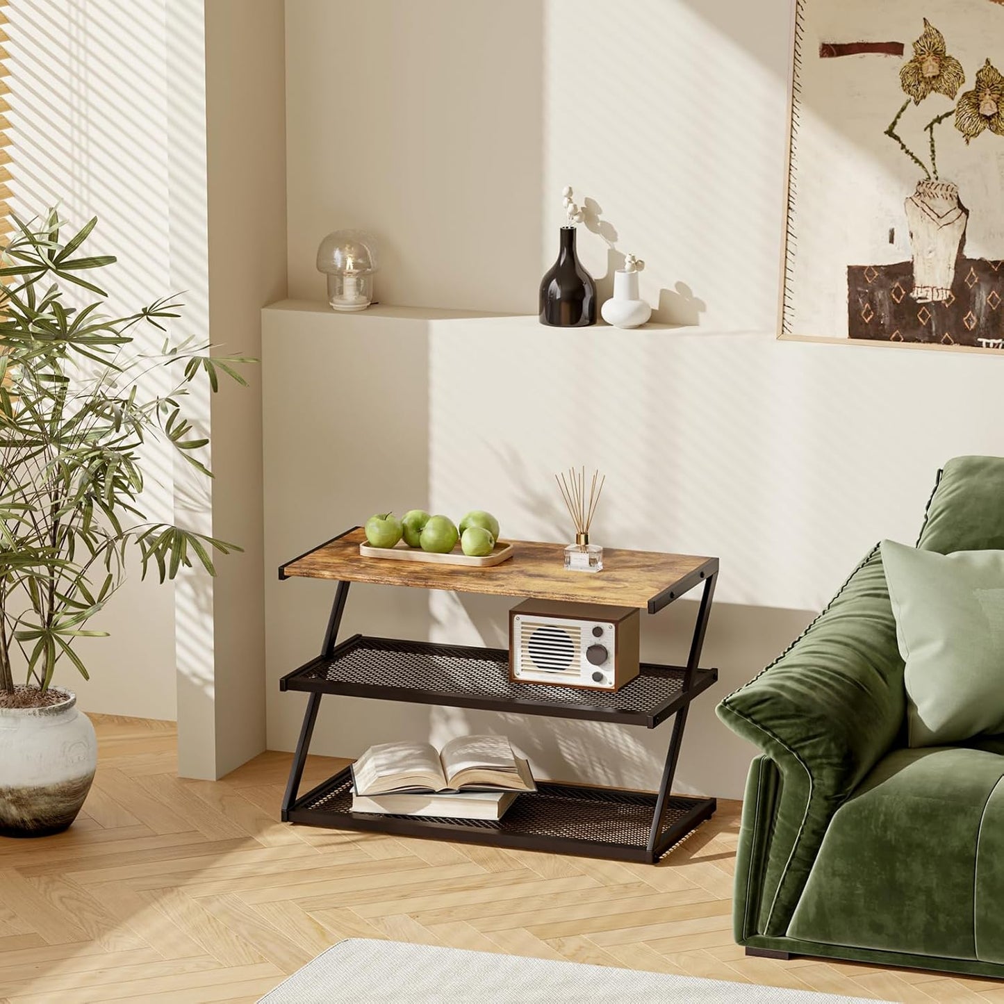 Z-Frame Shoe Rack with Wooden Top & Metal Mesh Shelves - Space-Saving Storage for Hallway, Living Room, Closet & Bedroom (24.41" x 11.02" x 16.14")