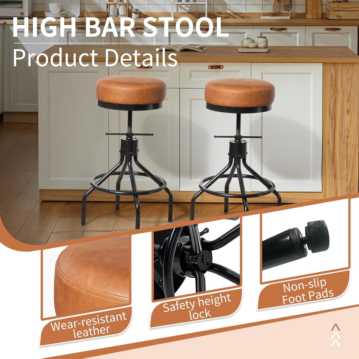 Industrial Bar Stools Adjustable Swivel Round Barstools Modern PU Leather 28inch Backless Counter Height Stool Metal Bar Chair for Kitchen Island (1, Brown)