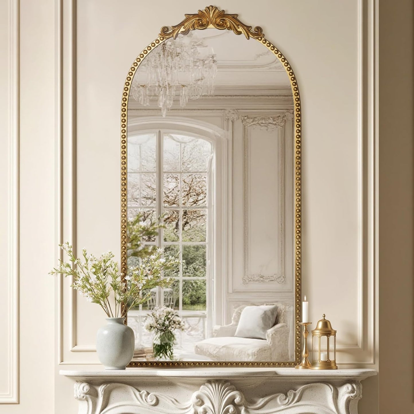 Antique Gold Vintage Wall Mirror 24"x48" - Elegant Baroque Metal Beaded Frame for Living Room, Bedroom, Bathroom, Fireplace, or Entryway, Full Length Decorative Mirror