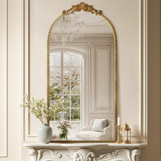 Antique Gold Vintage Wall Mirror 24"x48" - Elegant Baroque Metal Beaded Frame for Living Room, Bedroom, Bathroom, Fireplace, or Entryway, Full Length Decorative Mirror