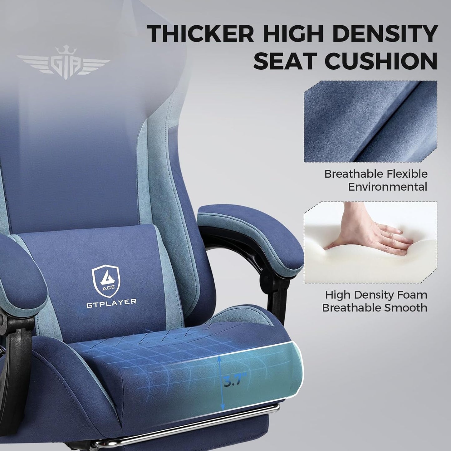 GTPLAYER Gaming Chair Fabric with Footrest, Big and Tall Game Chair High Back Computer Office Chair with Lumbar Support for Adults, Ergonomic Swivel Games Chair with Cushion Gaming Dark Blue