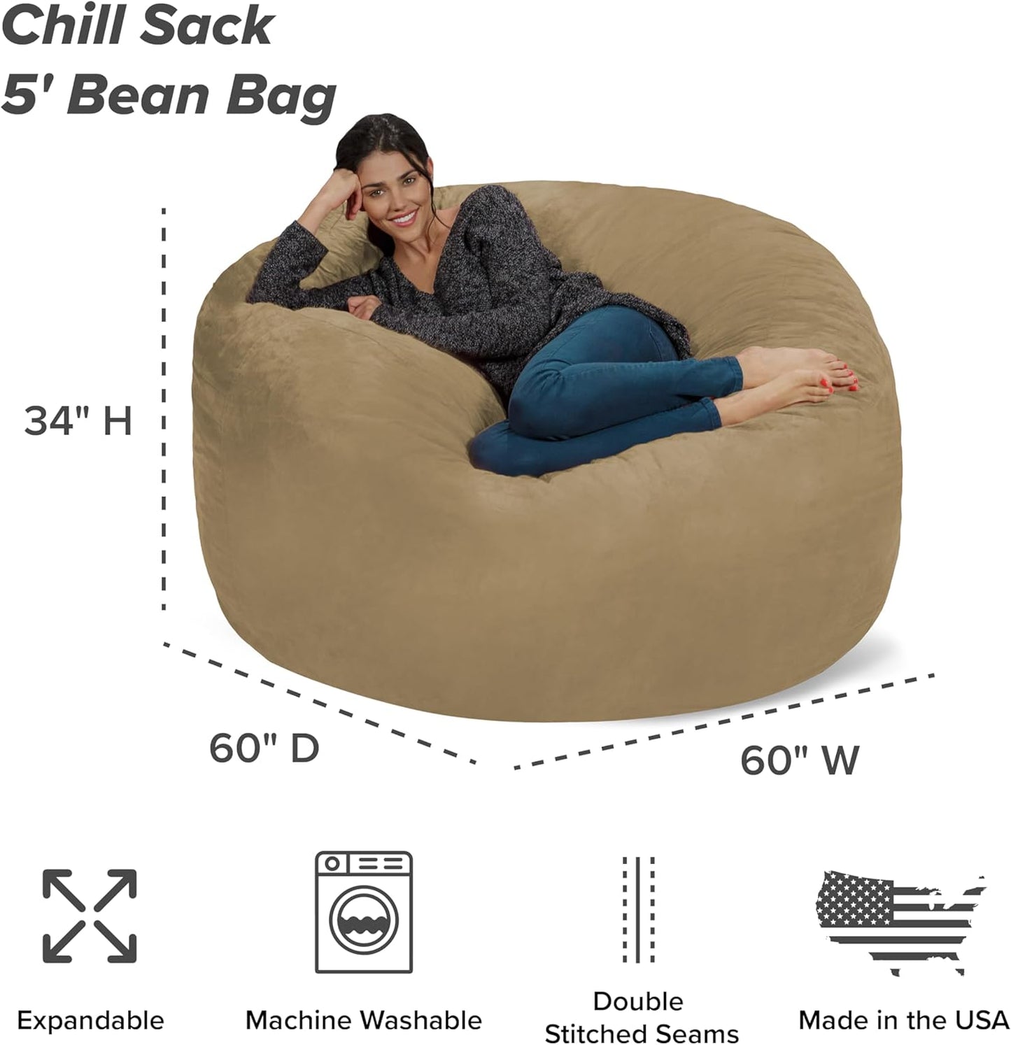 Chill Sack Bean Bag Chair: Giant 5' Memory Foam Furniture Bean Bag - Big Sofa with Soft Micro Fiber Cover - Camel