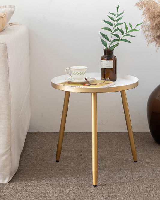 AOJEZOR Side Table: End Table for Any Room - Round Side Tables for Small Spaces - White Top with 3 Gold Legged