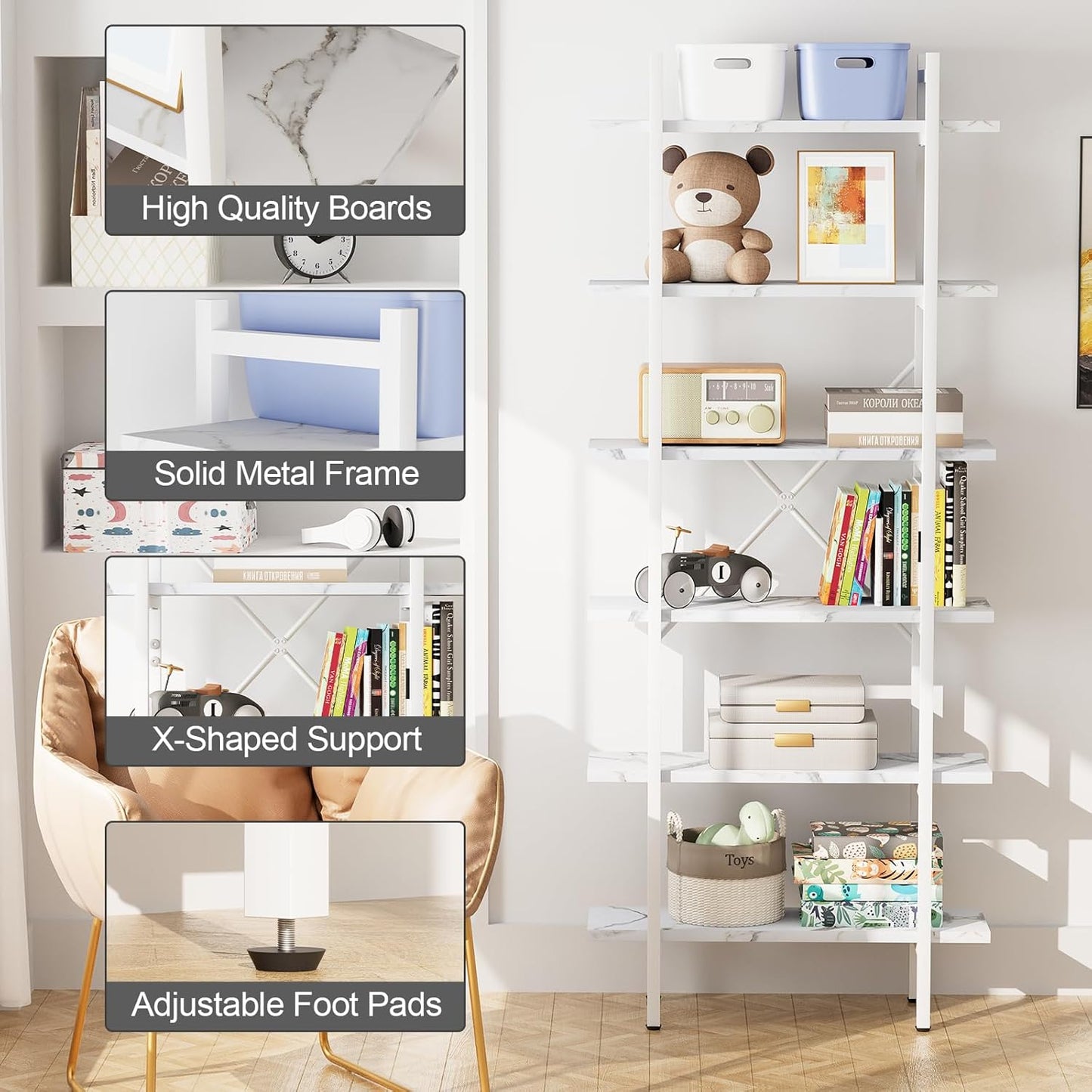 Bookshelf 6 Tiers White Wooden Storage Shelf,Modern Open Display Storage Bookcase Book Organizer,Metal Bookshelf Standing Storage Shelf Tall Shelving Units for Home Office Study