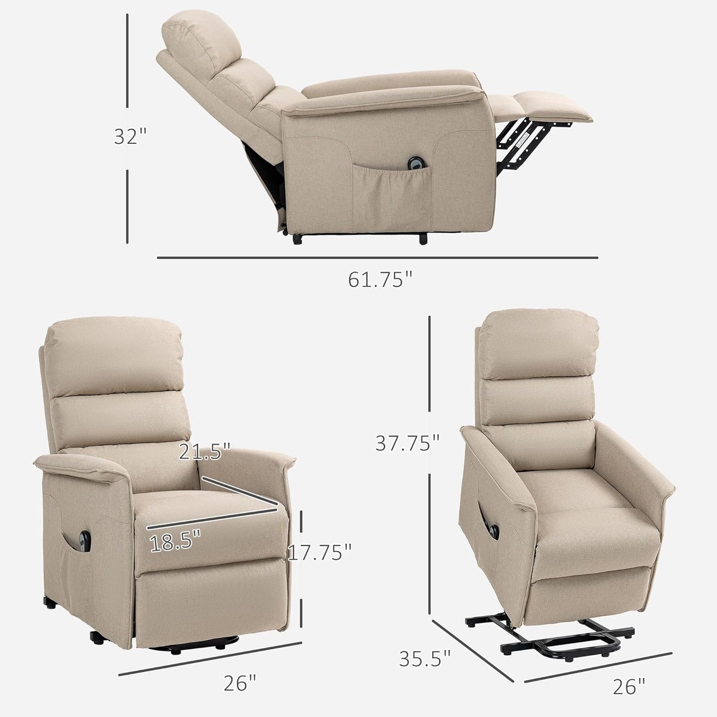 HOMCOM Power Lift Recliner Chair for Elderly, Easy Assembly, Fabric Lift Chair for Adults, Recliner Sofa with Remote Control, Side Pockets for Living Room, Beige