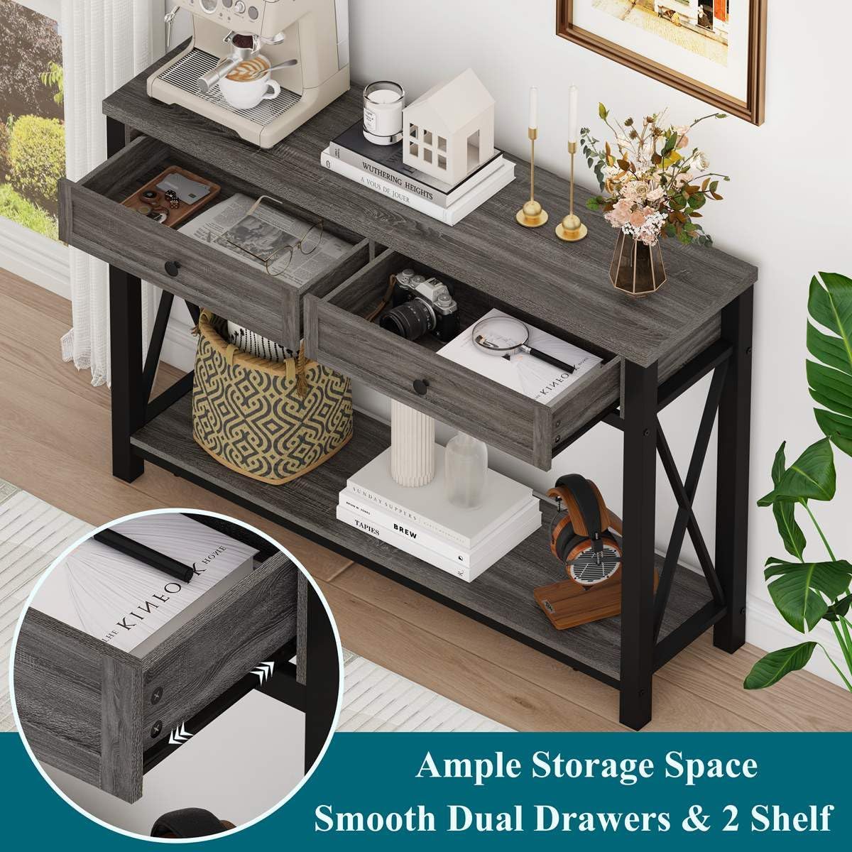 BON AUGURE Sofa Table with Drawers, Console Tables for Entryway, Sofa Table with Storage, Couch Tables for Living Room, Hallway, Foyer, Entry (Dark Grey Oak, 47 Inch)