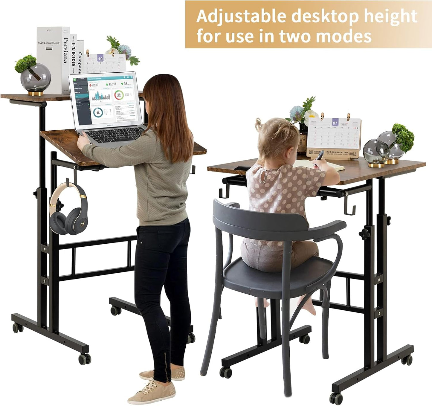 SIDUCAL Mobile Standing Desk, Portable Stand Up Desk, Small Adjustable Converter with Wheels Home Office Workstation, Rolling Laptop Cart for Sitting, Rustic Brown