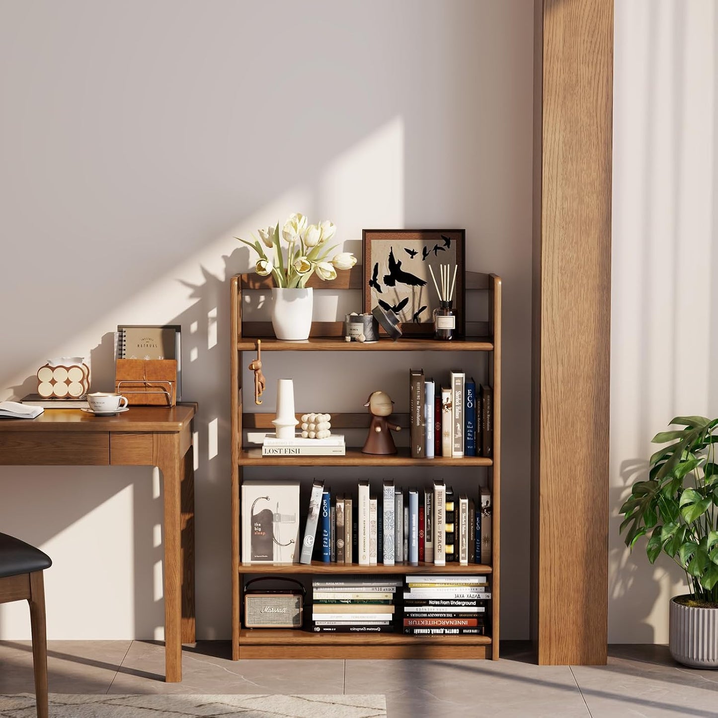 4 Tier Solid Wood Open Shelf Bookcase,Modern Wooden Display Bookshelf,Farmhouse Wide Bookshelves, Freestanding Storage Cabinet for Study Room Office Living Room sunroom