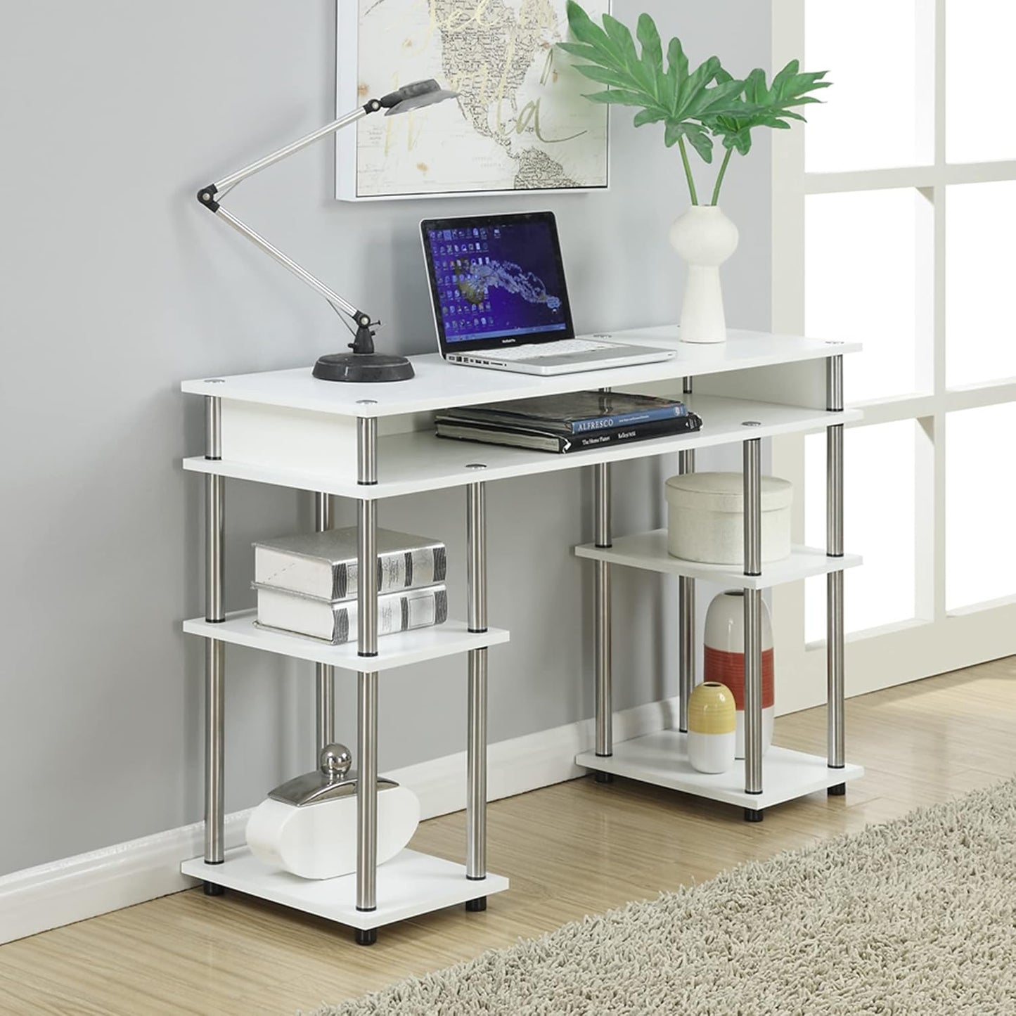 Convenience Concepts Designs2Go No Tools Student Desk 47.25" - Contemporary Office, Dorm Room Desk and Vanity with Storage Shelves, White