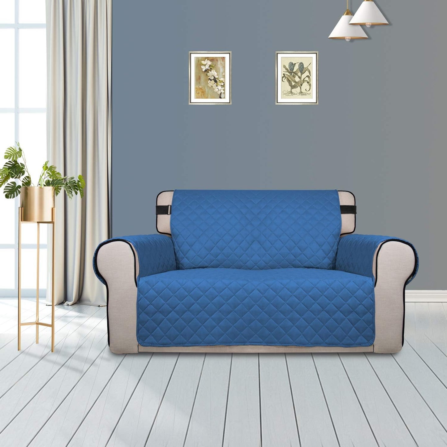 PureFit Reversible Sofa Cover Water Resistant Loveseat Couch Cover, Machine Washable Furniture Cover with Non-Slip Foam and Adjustable Strap for Dogs, Pets (Loveseat, Blue/Ivory)