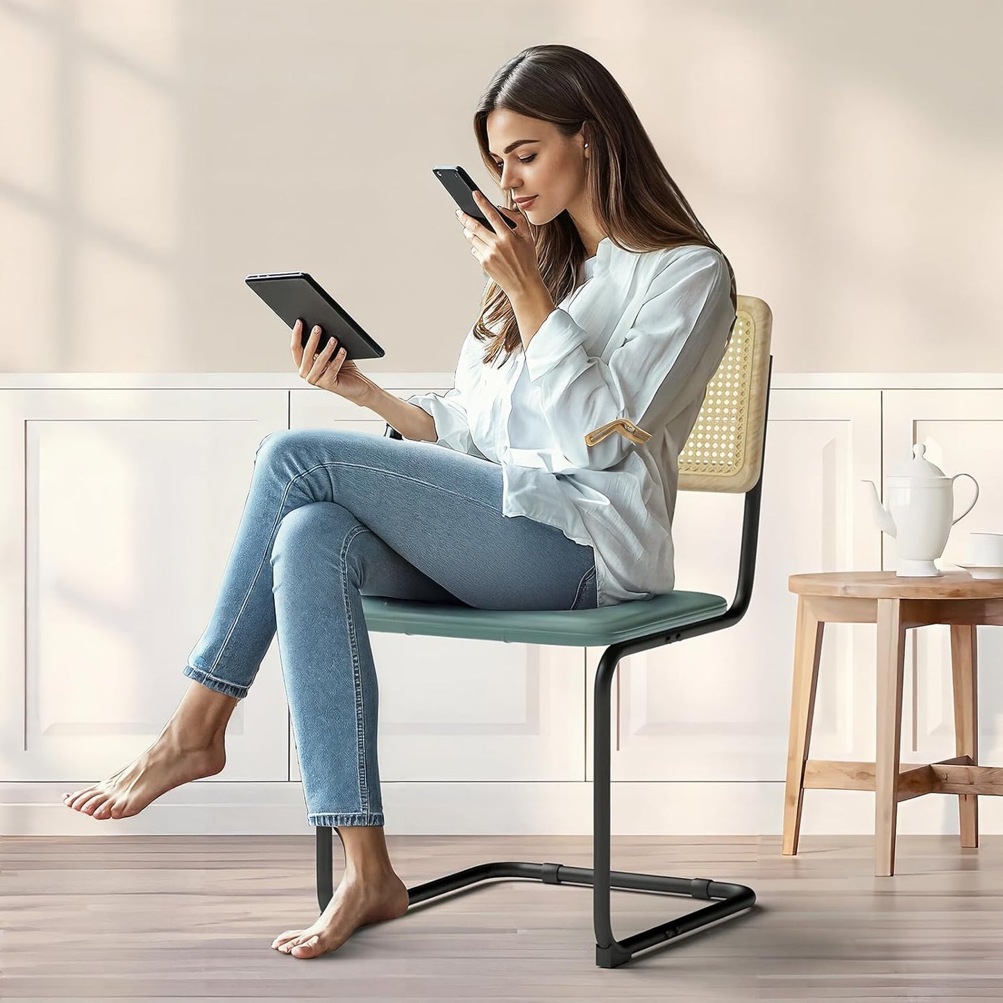 Heavy Duty Rattan Dining Chairs, Modern Dining Room Chairs with Solid Wood Back for Kitchen Living Room, High-end and Durable with Rattan Weaving, Upholstered Faux Leather Green