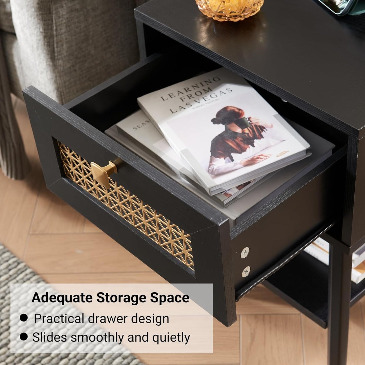 Modern Style Side Table, Small End Table with Drawer and Shelf for Living Room, Square Wooden Nightstand, Black