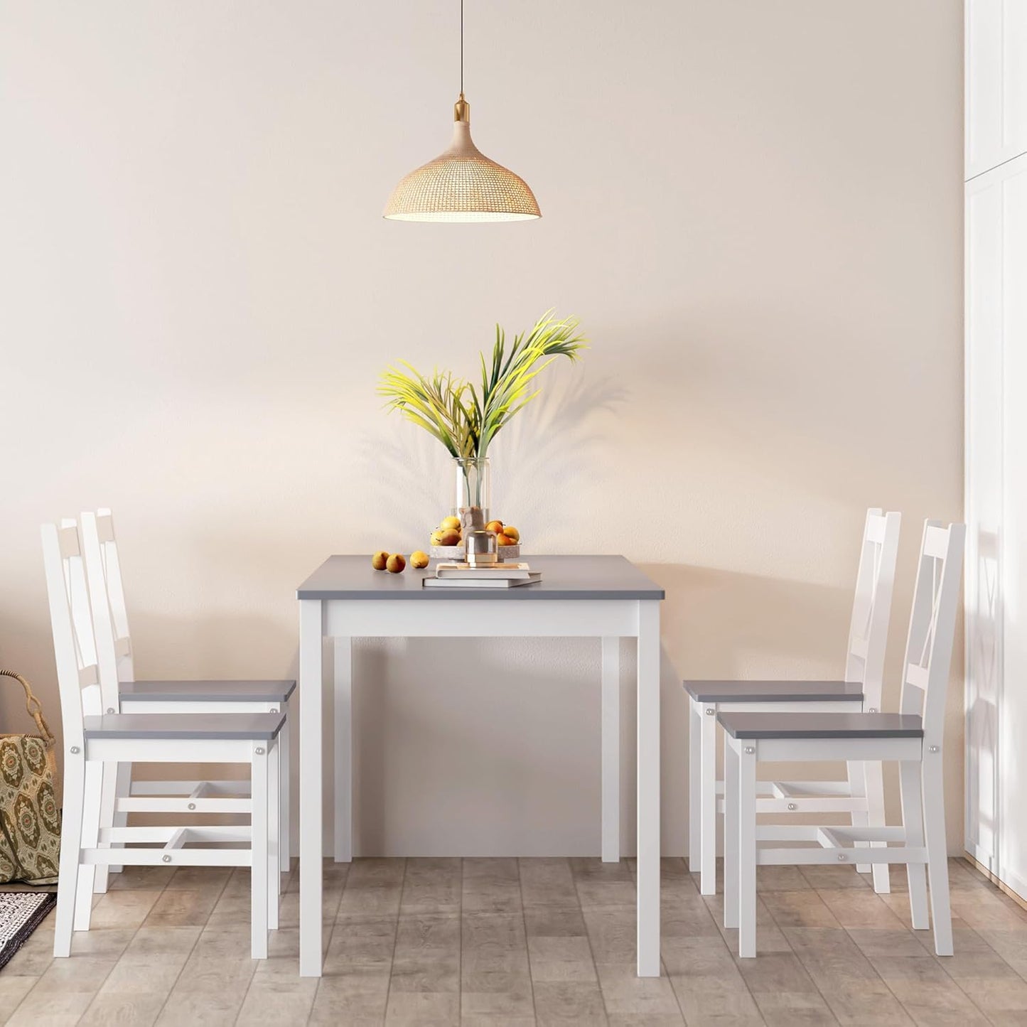 soges 5 Pieces Dining Table Set with 4 Chairs, 47.2 inch Kitchen Pine Wood Table for 4, Rectangular Dining Table Furniture Set for Kitchen, Dining Room, Dinette, White & Grey